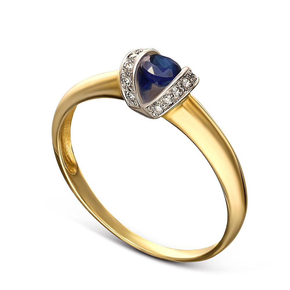 Złoty pierścionek zaręczynowy z szafirem i 14 diamentami 0.09ct, próba 585