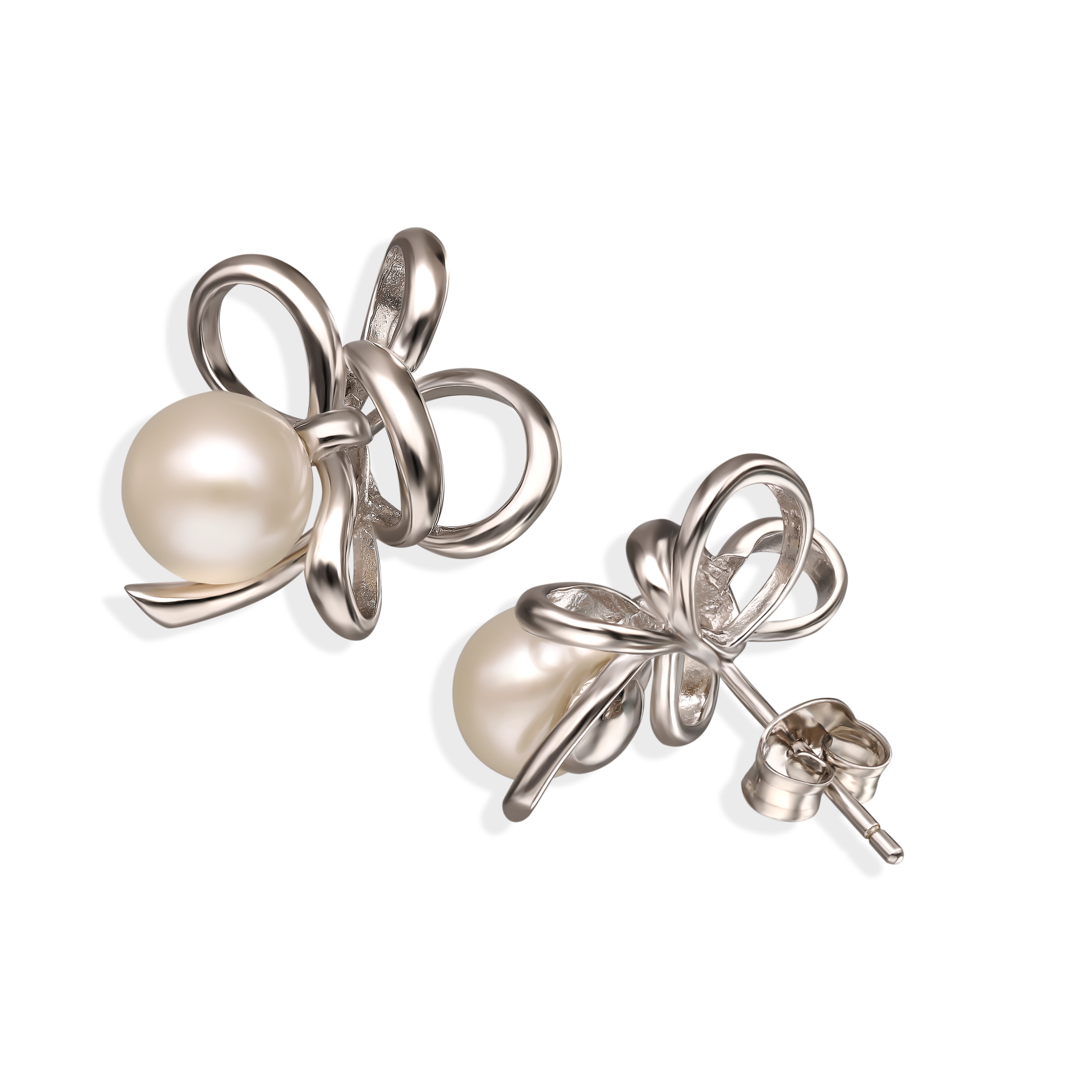 Kolczyki srebrne kokardy z perłami na sztyfcie, próba 925