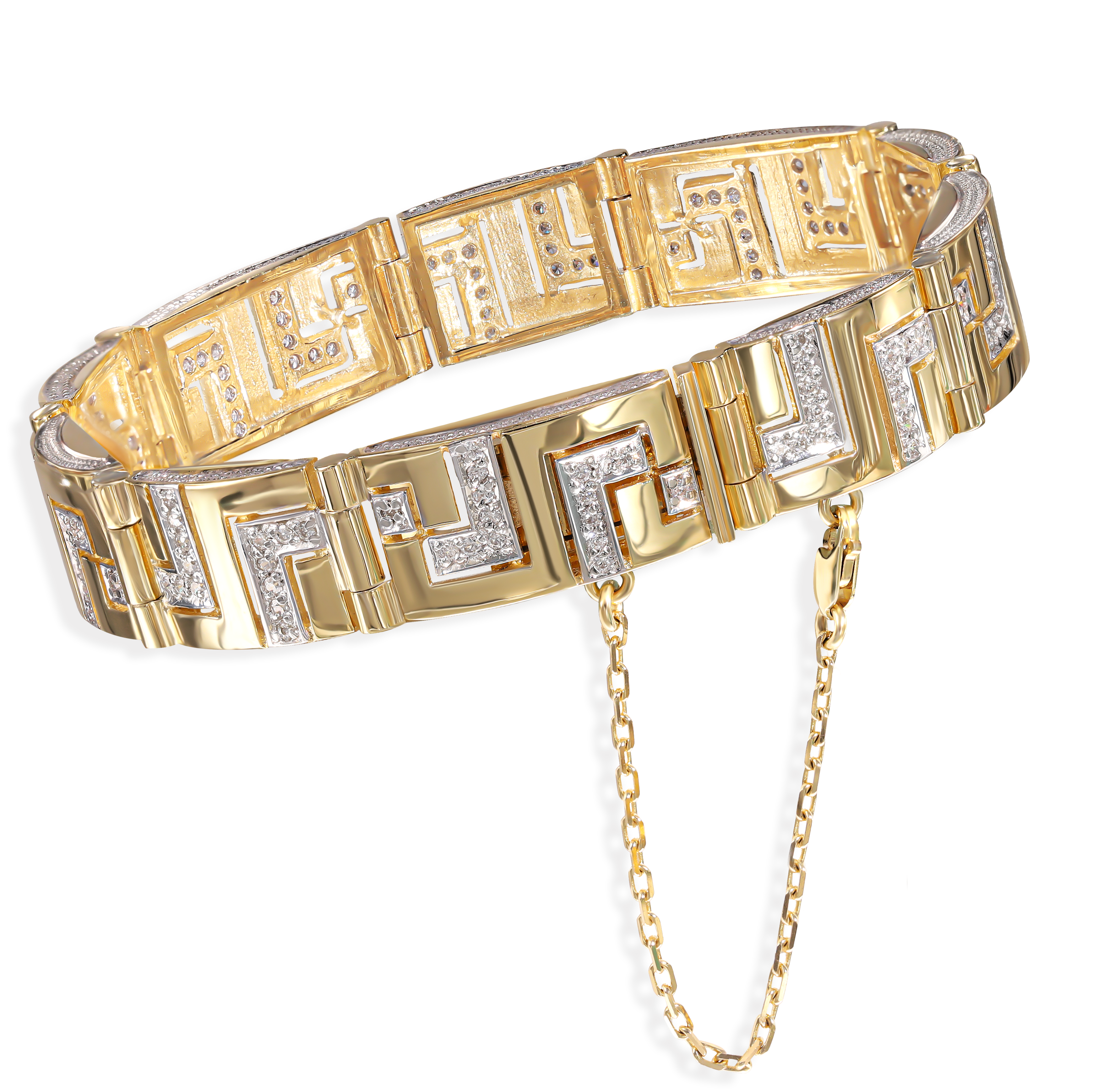 Bransoleta złota z ozdobnym ornamentem i białymi cyrkoniami, próba 585 Bransoleta złota z ozdobnym ornamentem i białymi cyrkoniami, próba 585