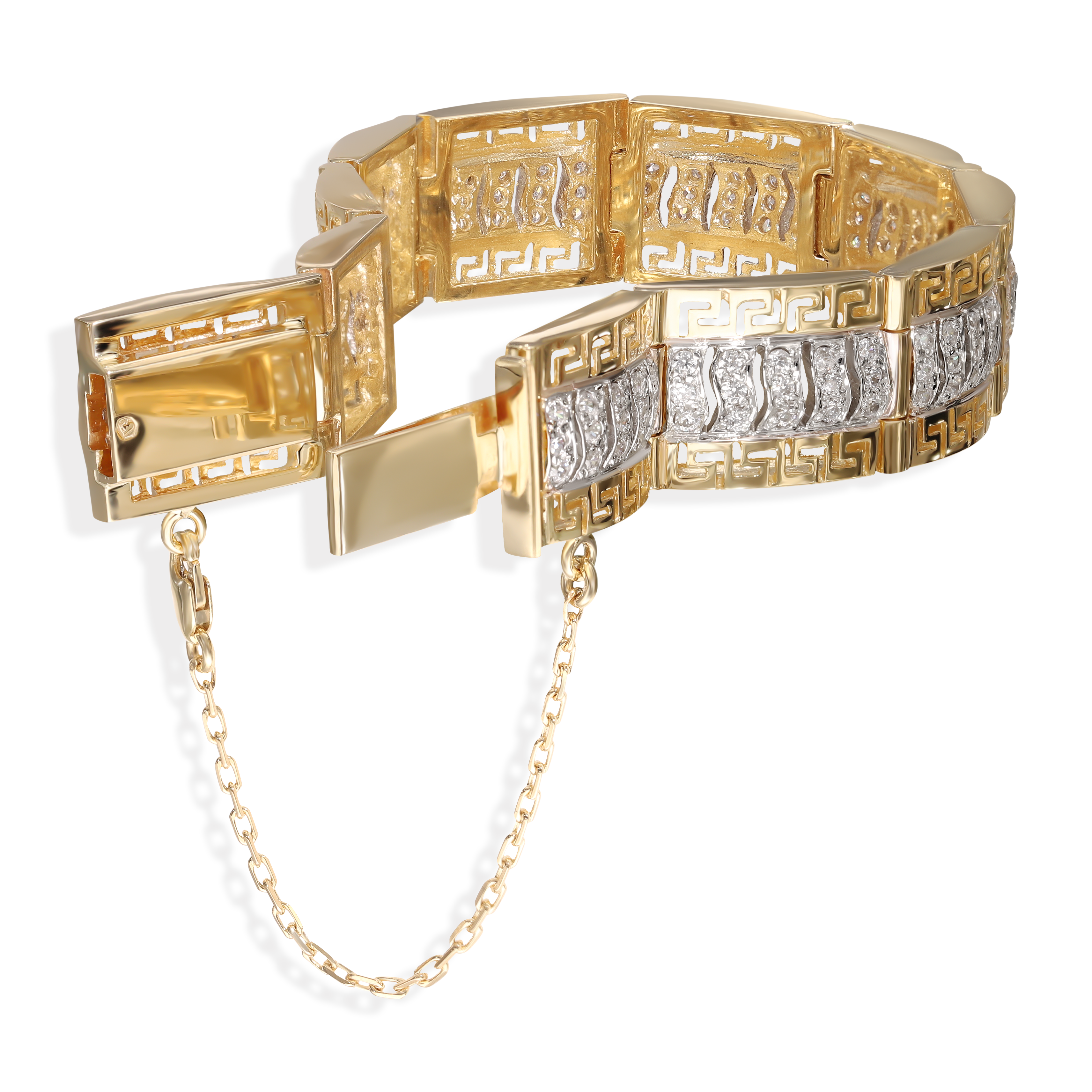 Bransoleta złota z greckim wzorem i białymi cyrkoniami, próba 585