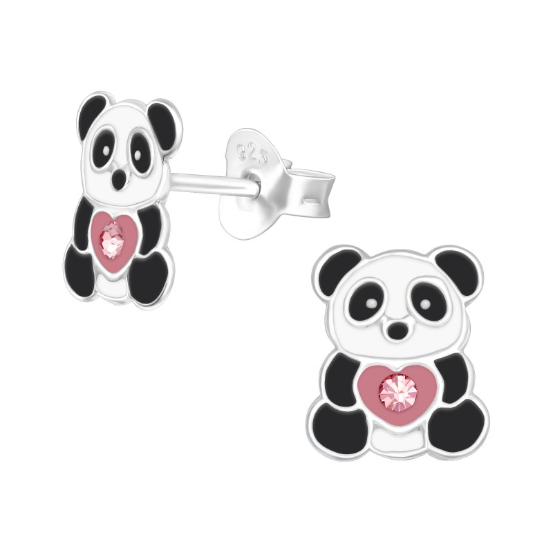 Kolczyki srebrne dla dziewczynki pandy z serduszkiem, zapięcie na sztyft, próba 925