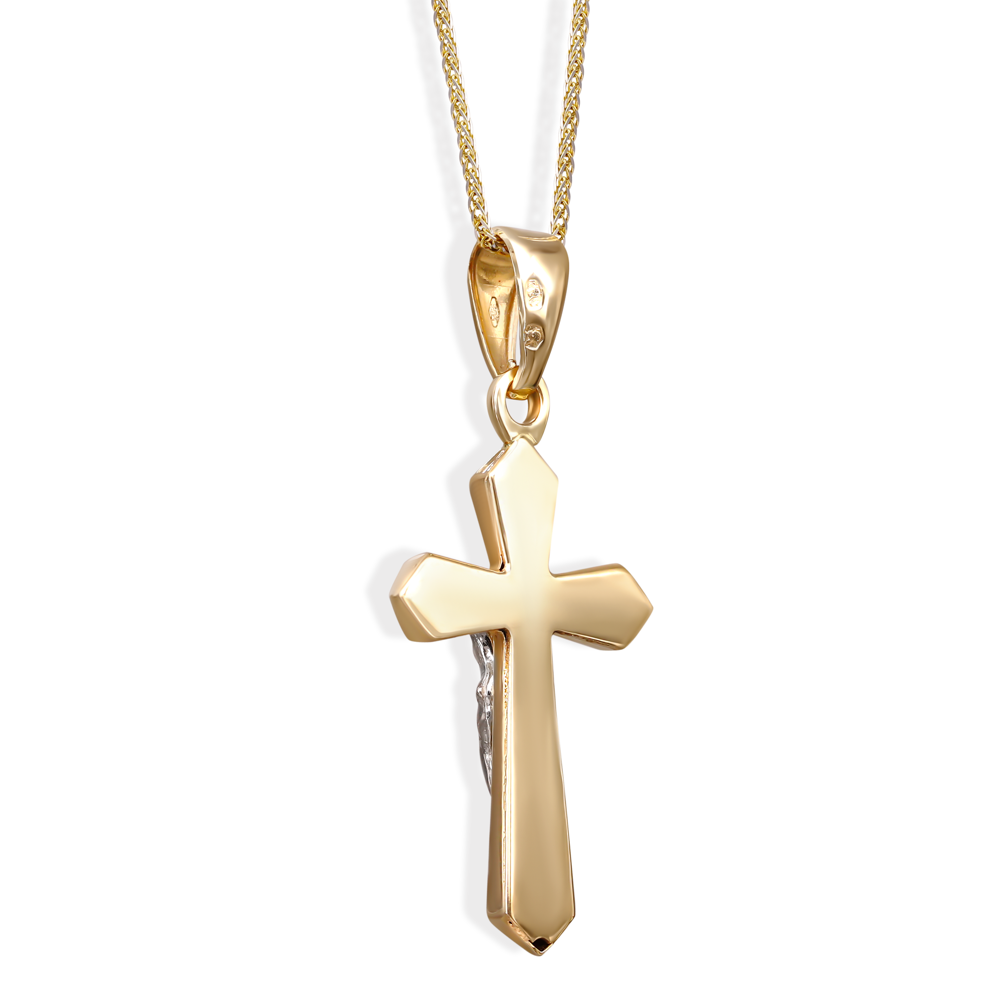 Złoty krzyżyk z rodowaną postacią Jezusa, próba 585