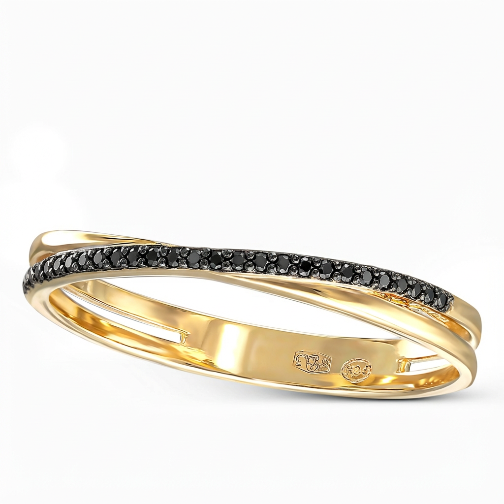 Elegancki złoty pierścionek obrączkowy z czarnymi diamentami naturalnymi 0.08 ct, próba 585