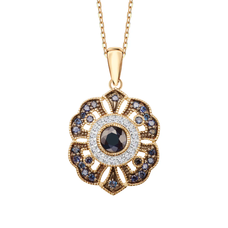 Zawieszka złota vintage z szafirami 0.96 ct i topazami białymi, próba 585