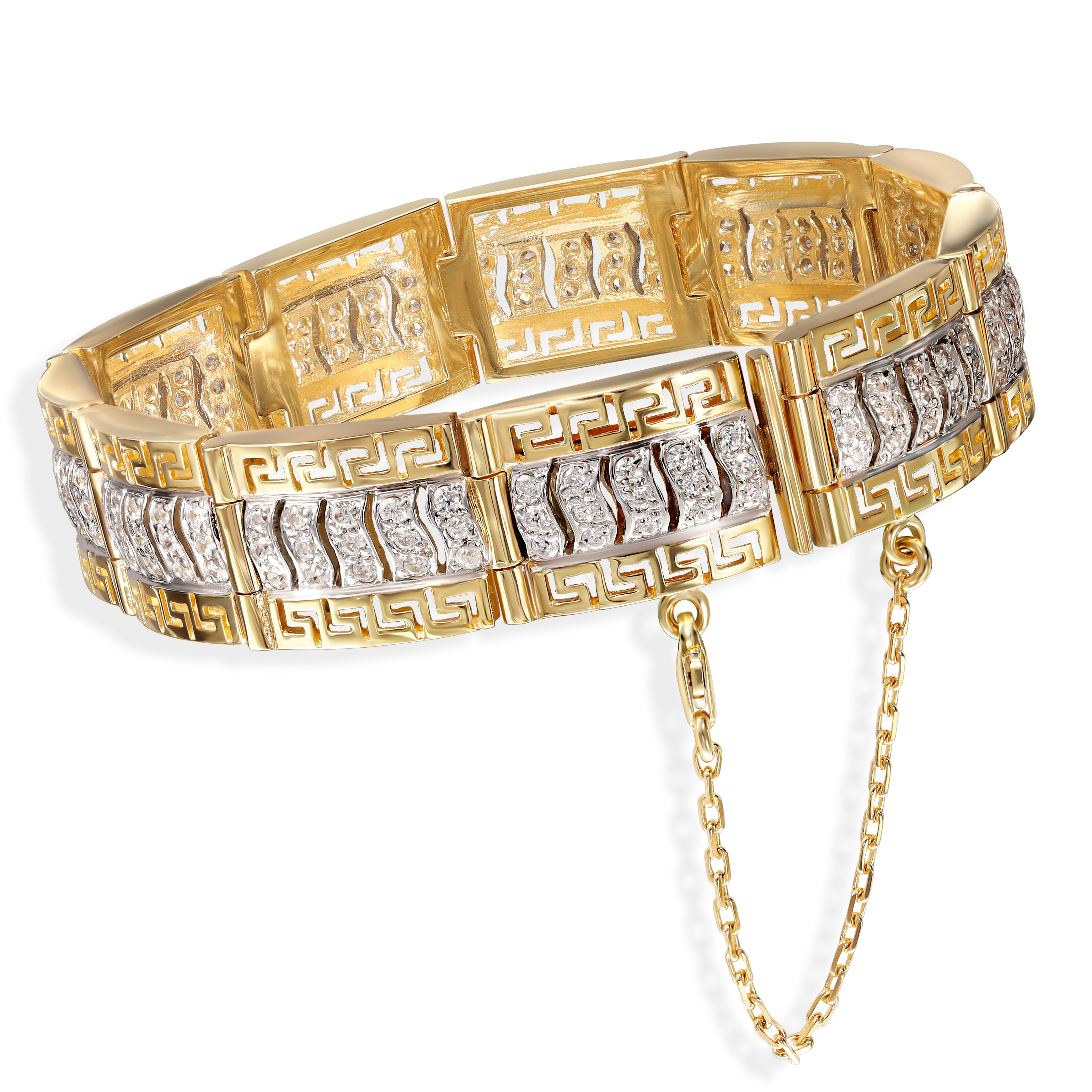 Bransoleta złota z greckim wzorem i białymi cyrkoniami, próba 585