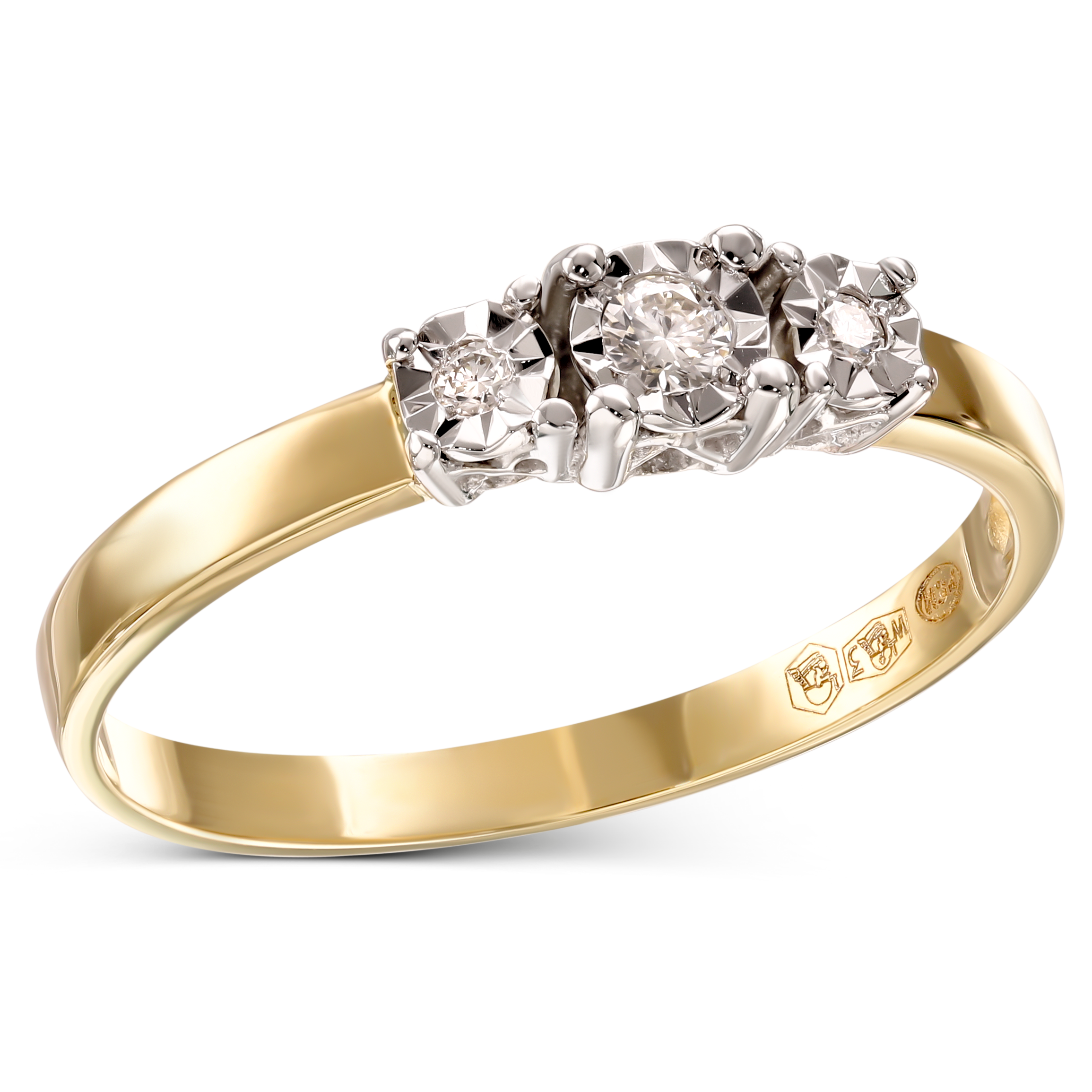 Pierścionek złoty z 3 diamentami naturalnymi, 0.09ct