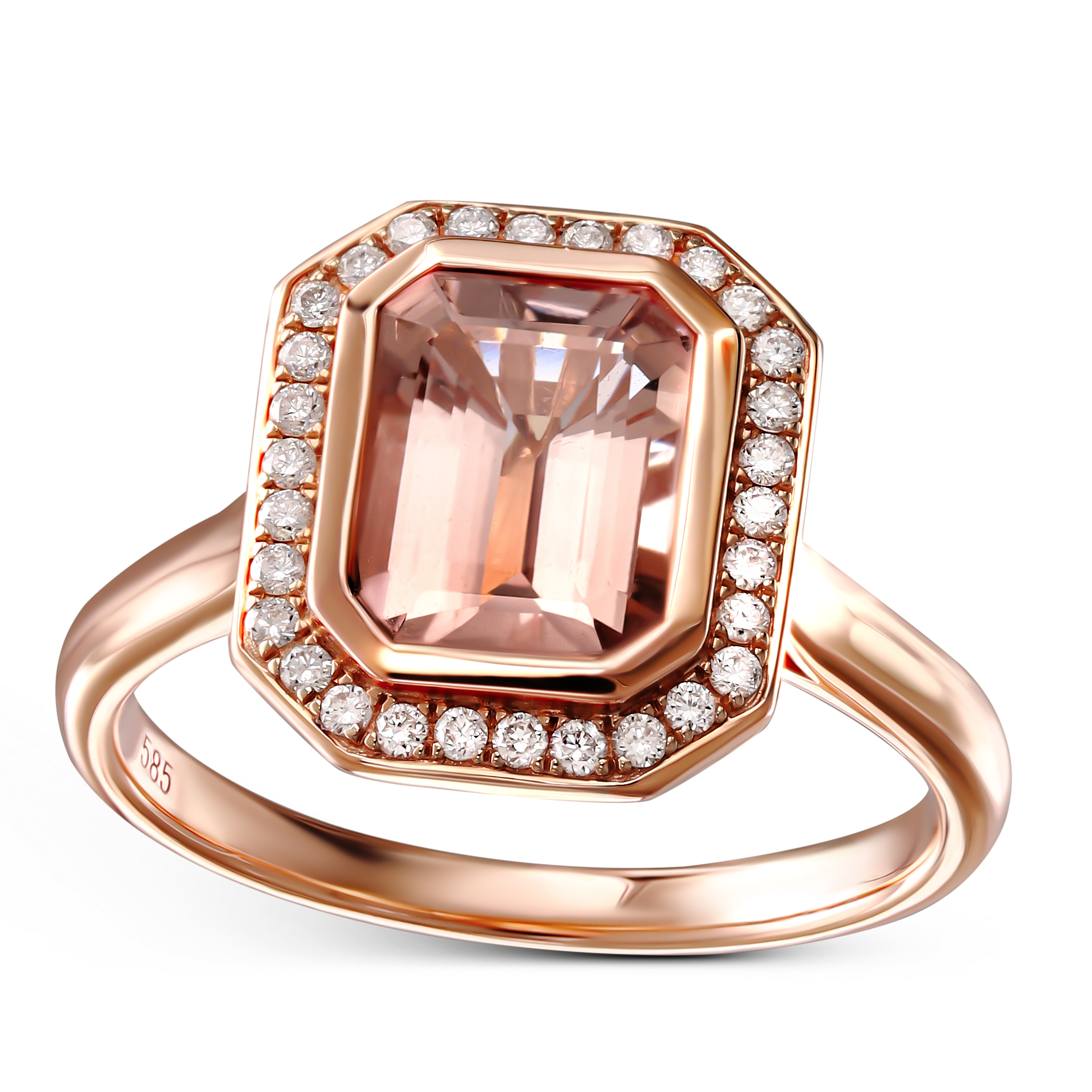 Pierścionek z różowego złota z morganitem i diamentami naturalnymi, próba 585
