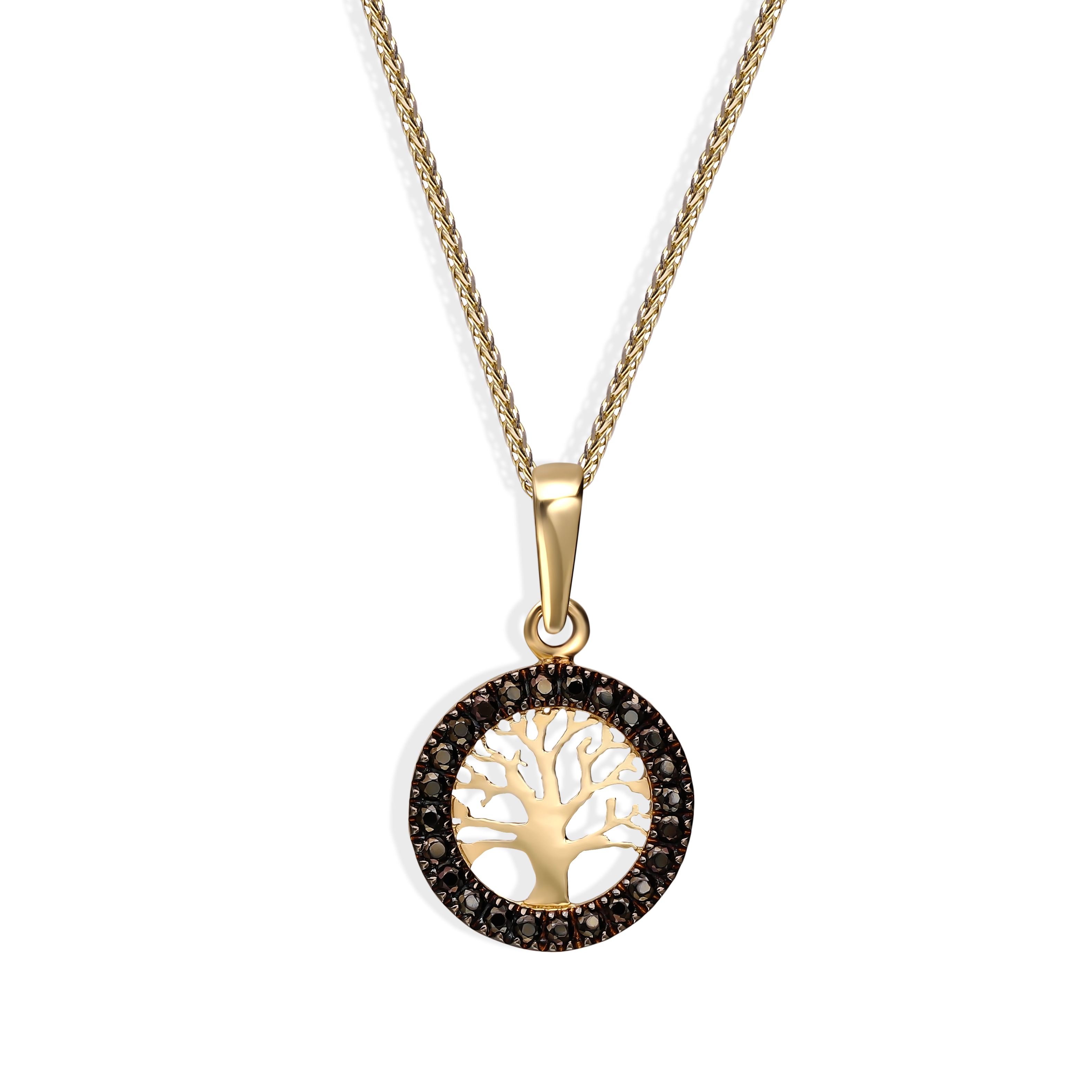 Okrągła złota zawieszka drzewko szczęścia z czarnymi cyrkoniami, próba 585