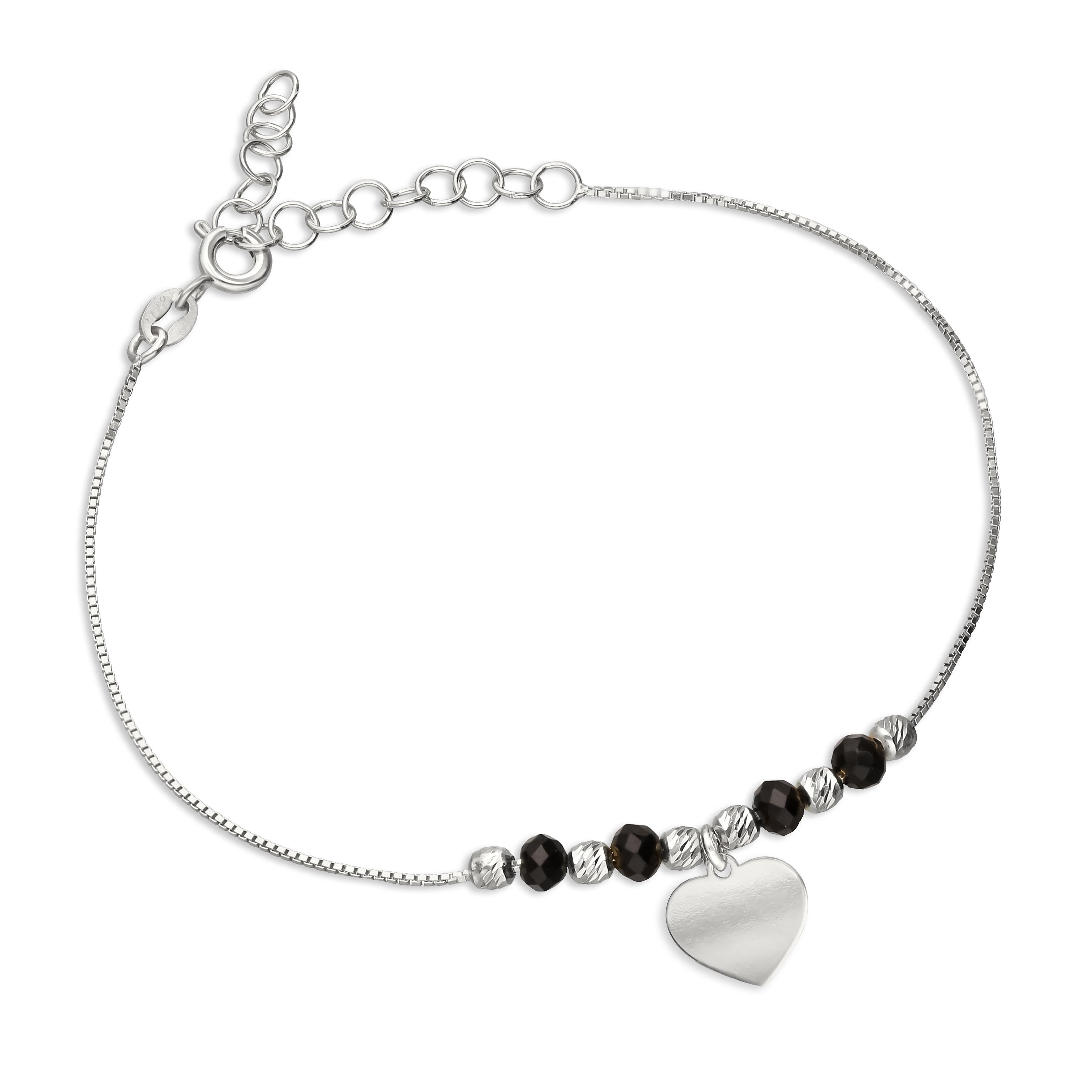Bransoletka ze srebra z gładkim serduszkiem i czarnymi kryształkami, próba 925