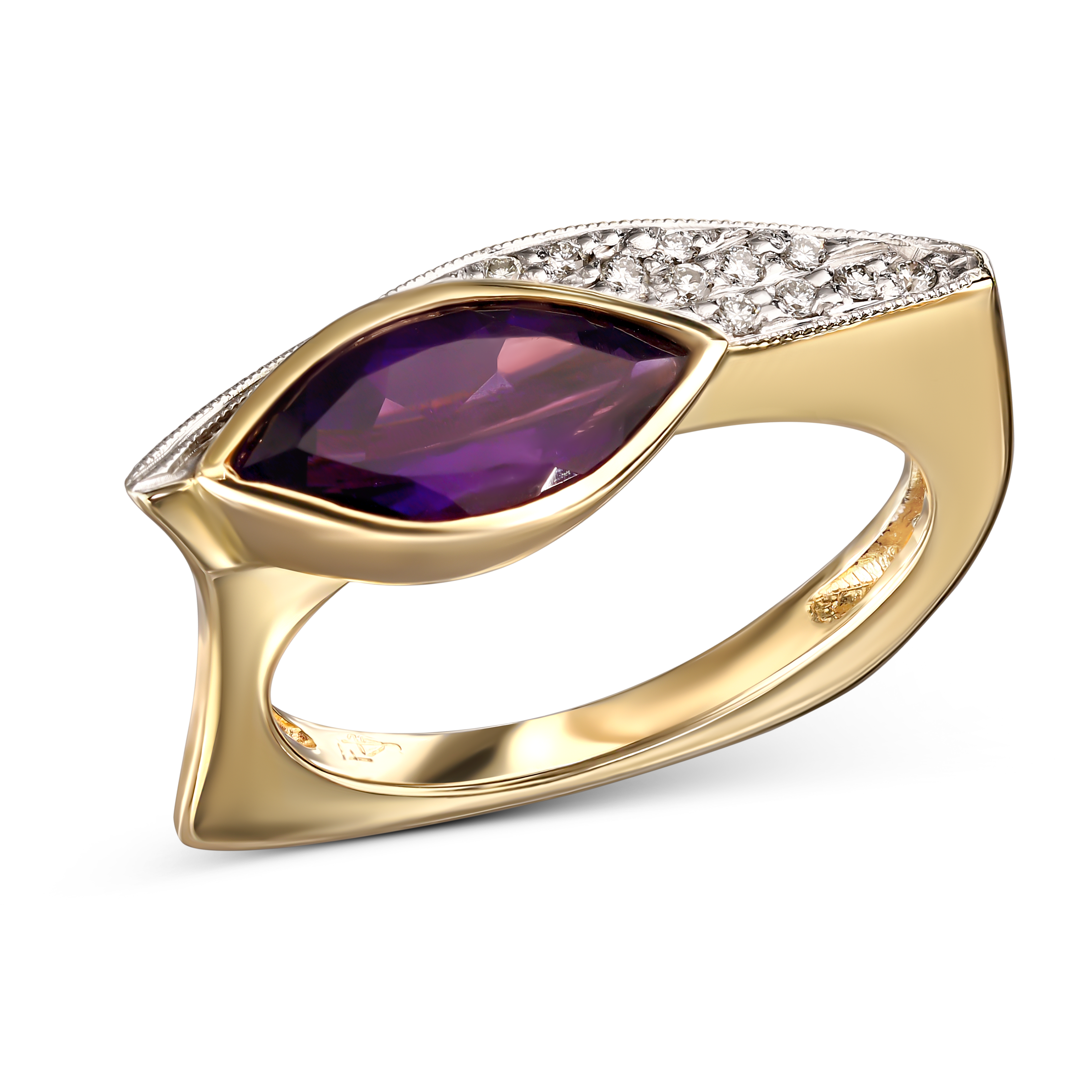 Pierścionek złoty z ametystem 1.51 ct i diamentami naturalnymi, próba 585