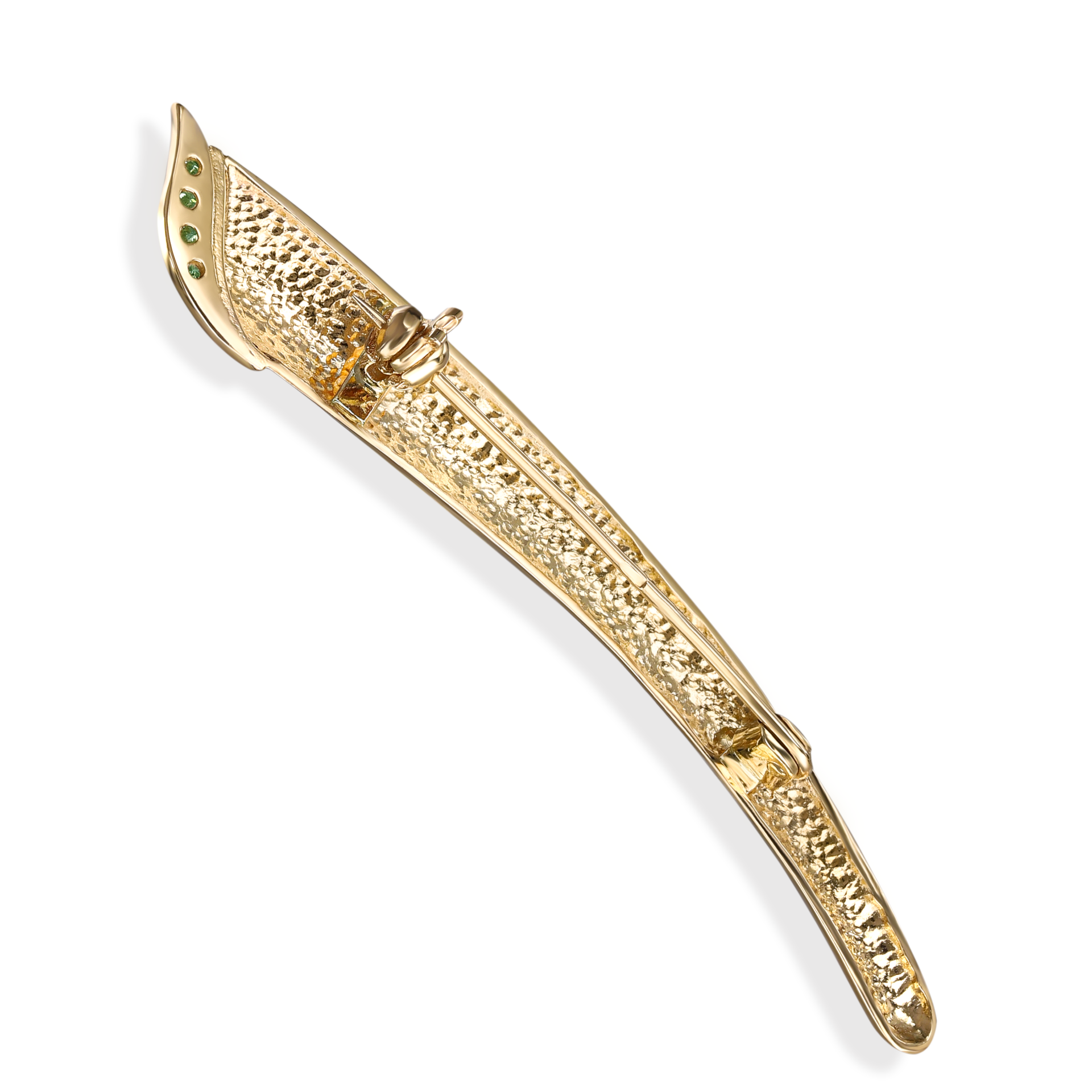 Złota broszka ze szmaragdami 0.06 ct, próba 585