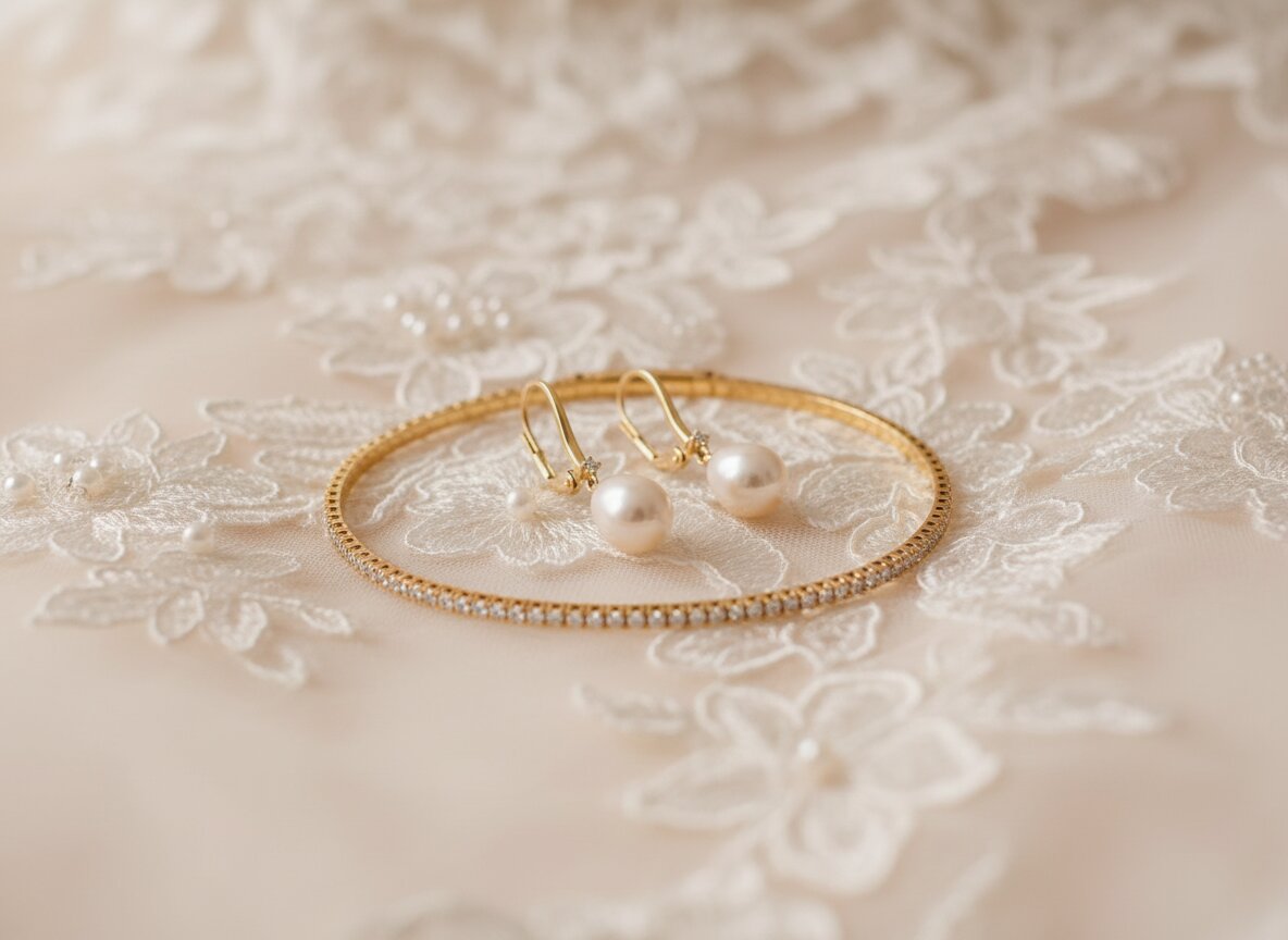 Biżuteria ślubna z żółtego złota na beżowej, koronkowej sukience