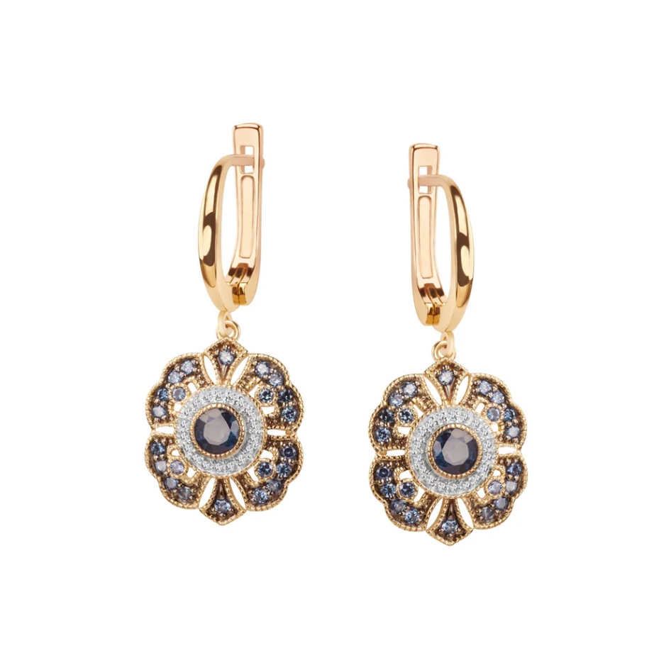 Kolczyki złote vintage z szafirami 1.31 ct i topazami białymi, próba 585