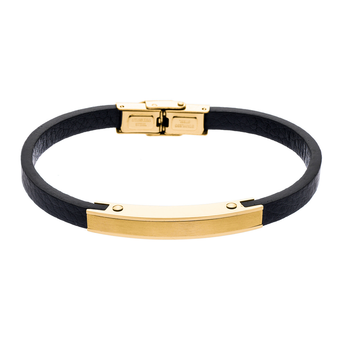 Skórzana męska bransoleta ze stalową blaszką w kolorze złotym