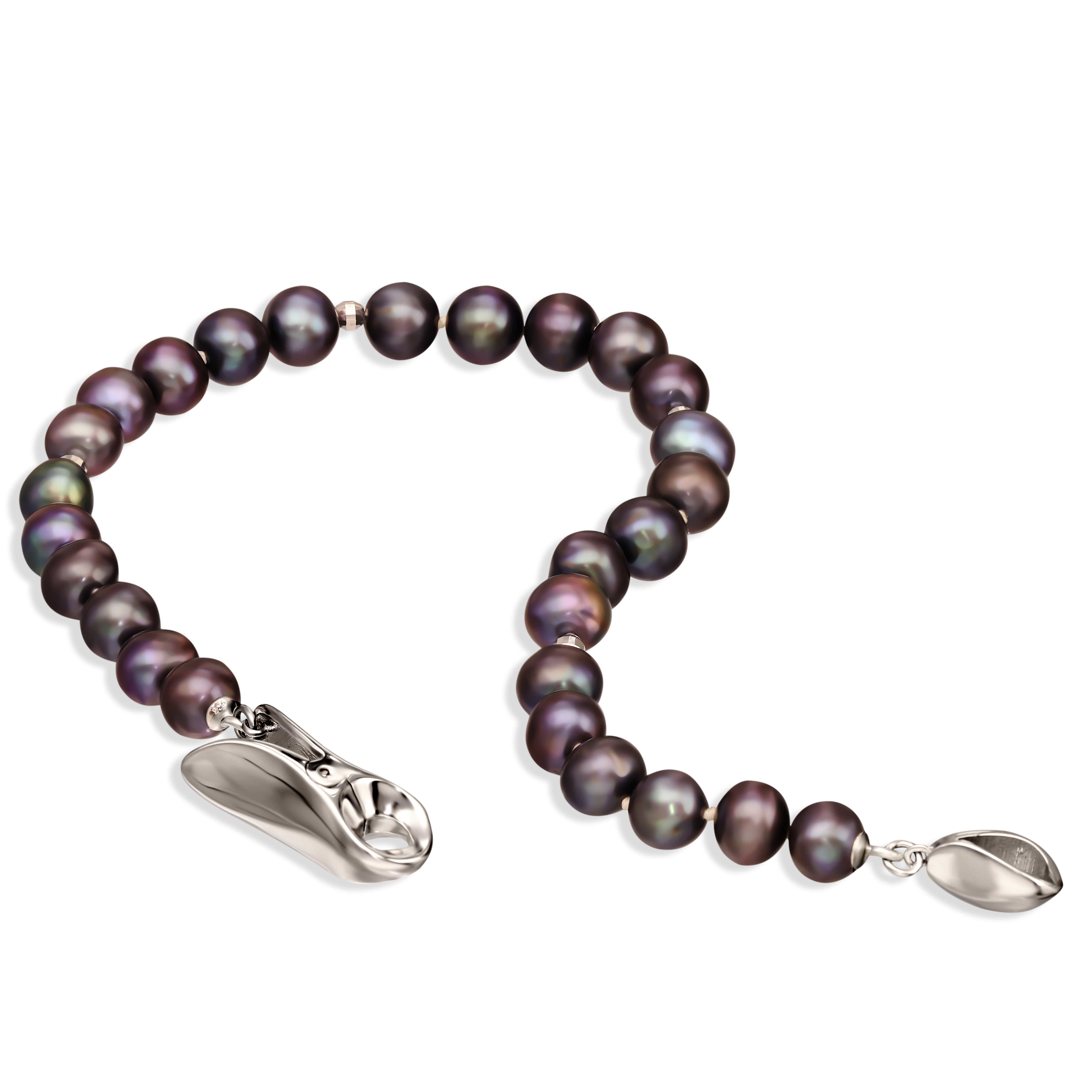 Bransoleta srebrna z ciemnych pereł hodowanych ze srebrnym zapięciem, próba 925