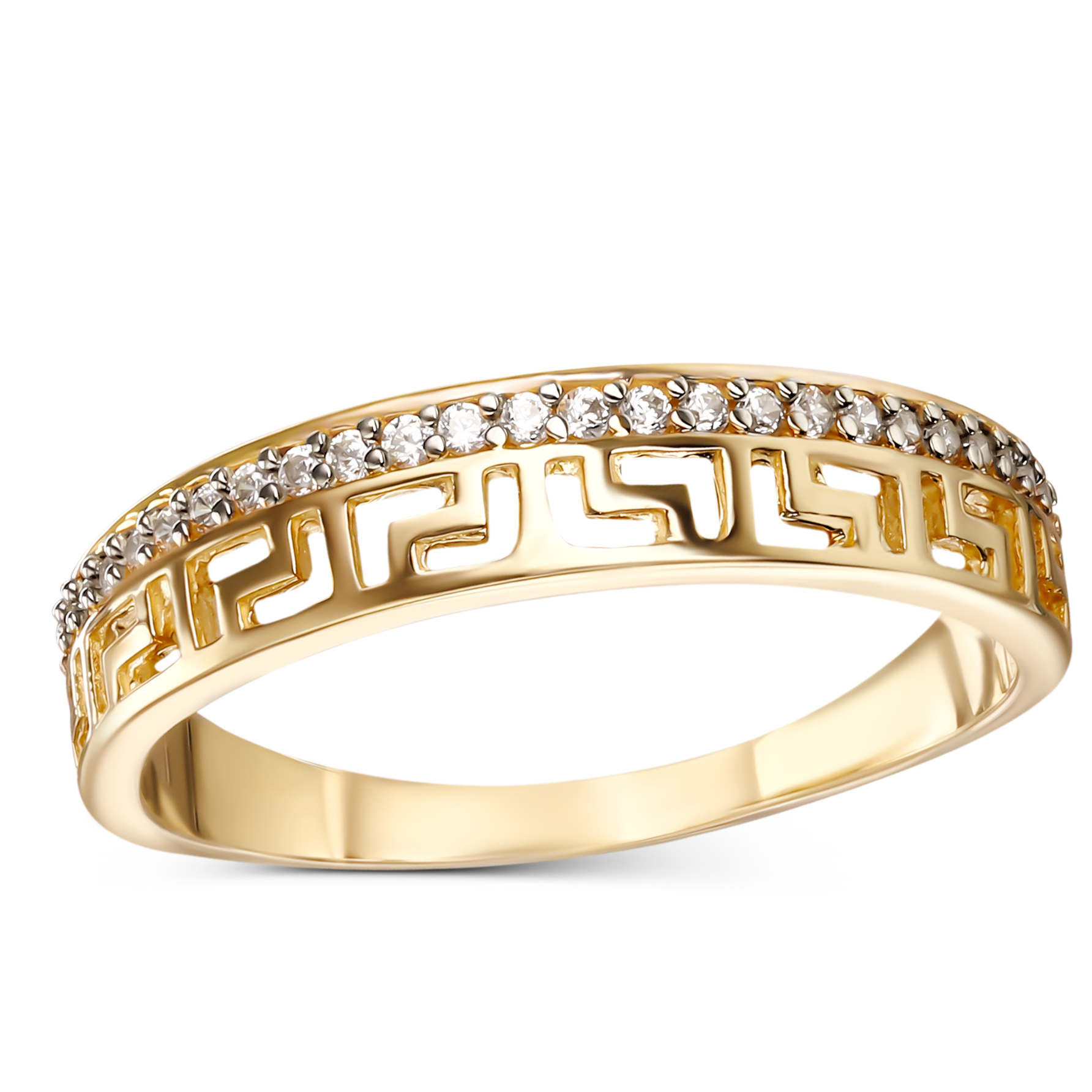 Pierścionek złoty obrączkowy z cyrkoniami i ażurowym wzorem, próba 585