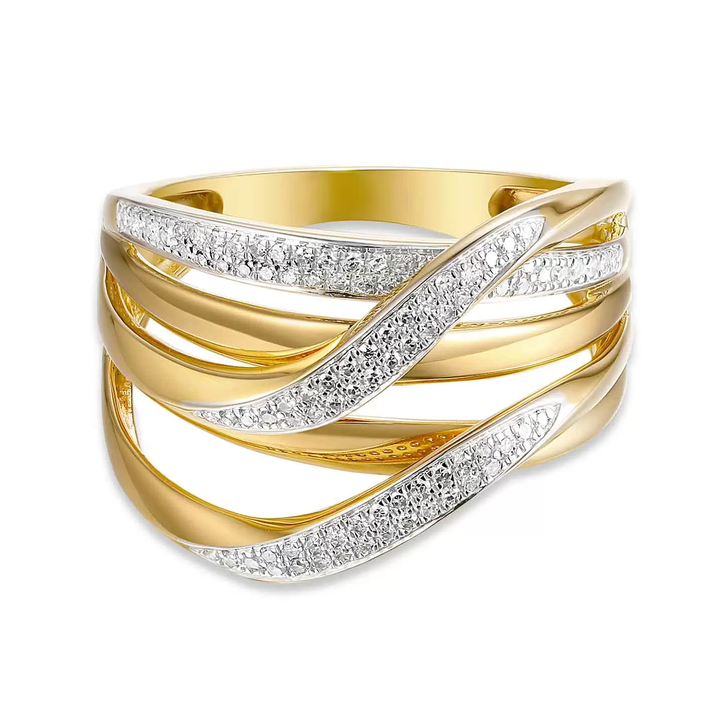 Złoty szeroki pierścionek plecionka z diamentami naturalnymi 0.21 ct, rozmiar 22, próba 585