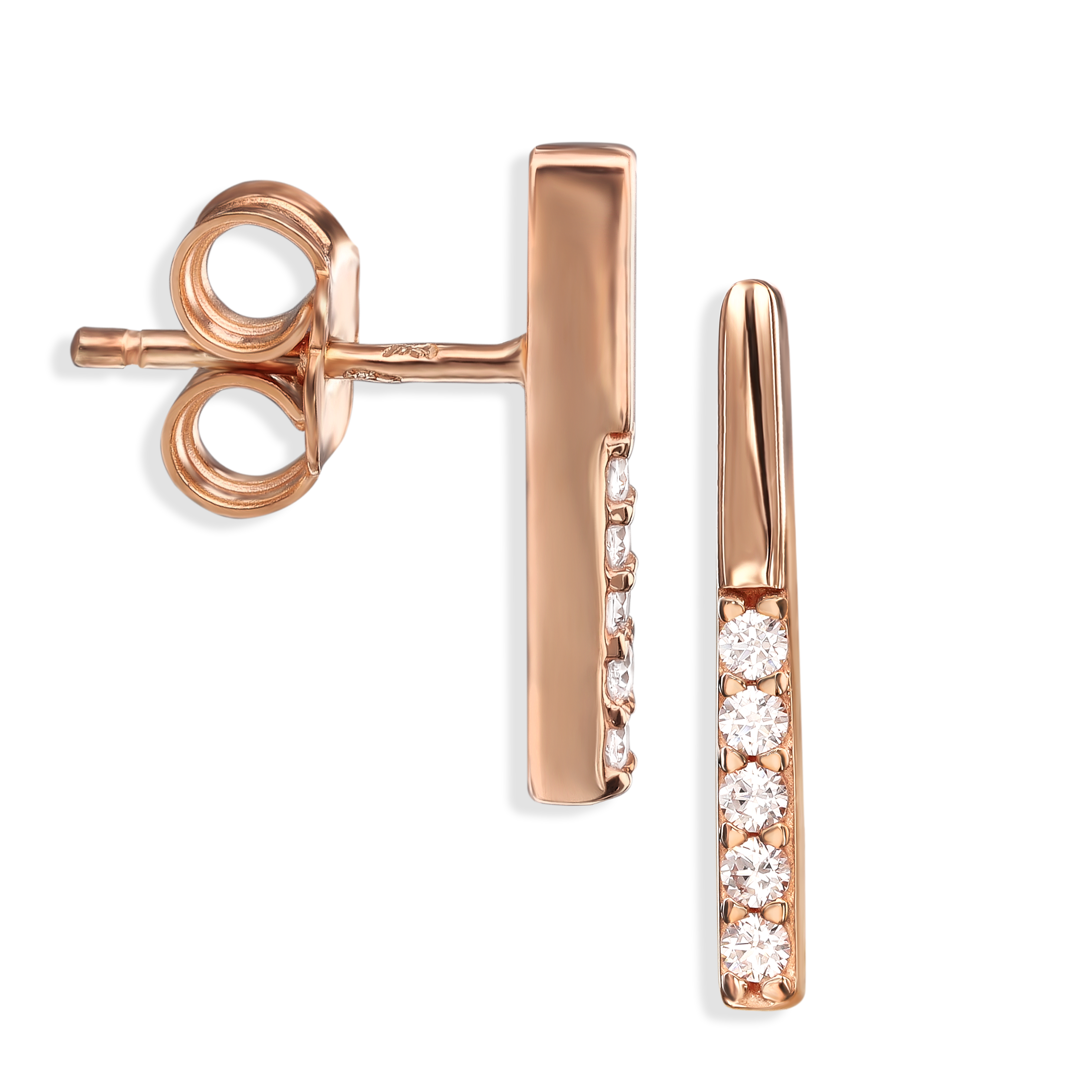 Kolczyki patyczki z cyrkoniami na sztyfcie z różowego złota, próba 585