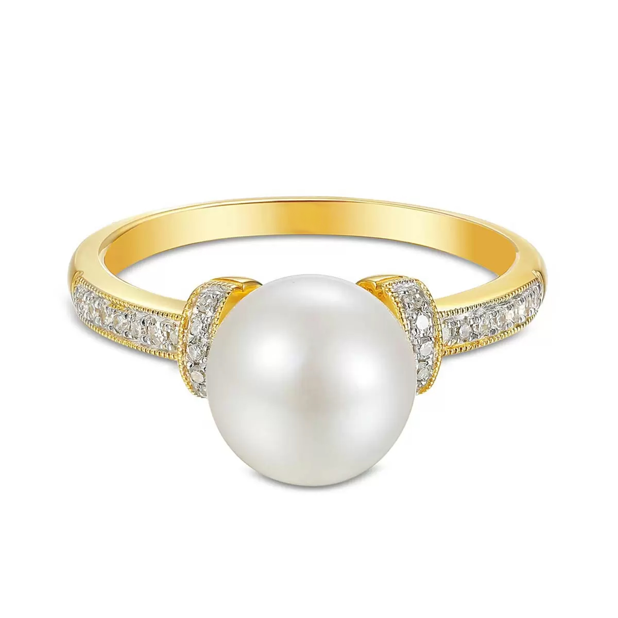 Pierścionek złoty z perłą hodowaną i diamentami naturalnymi, próba 585