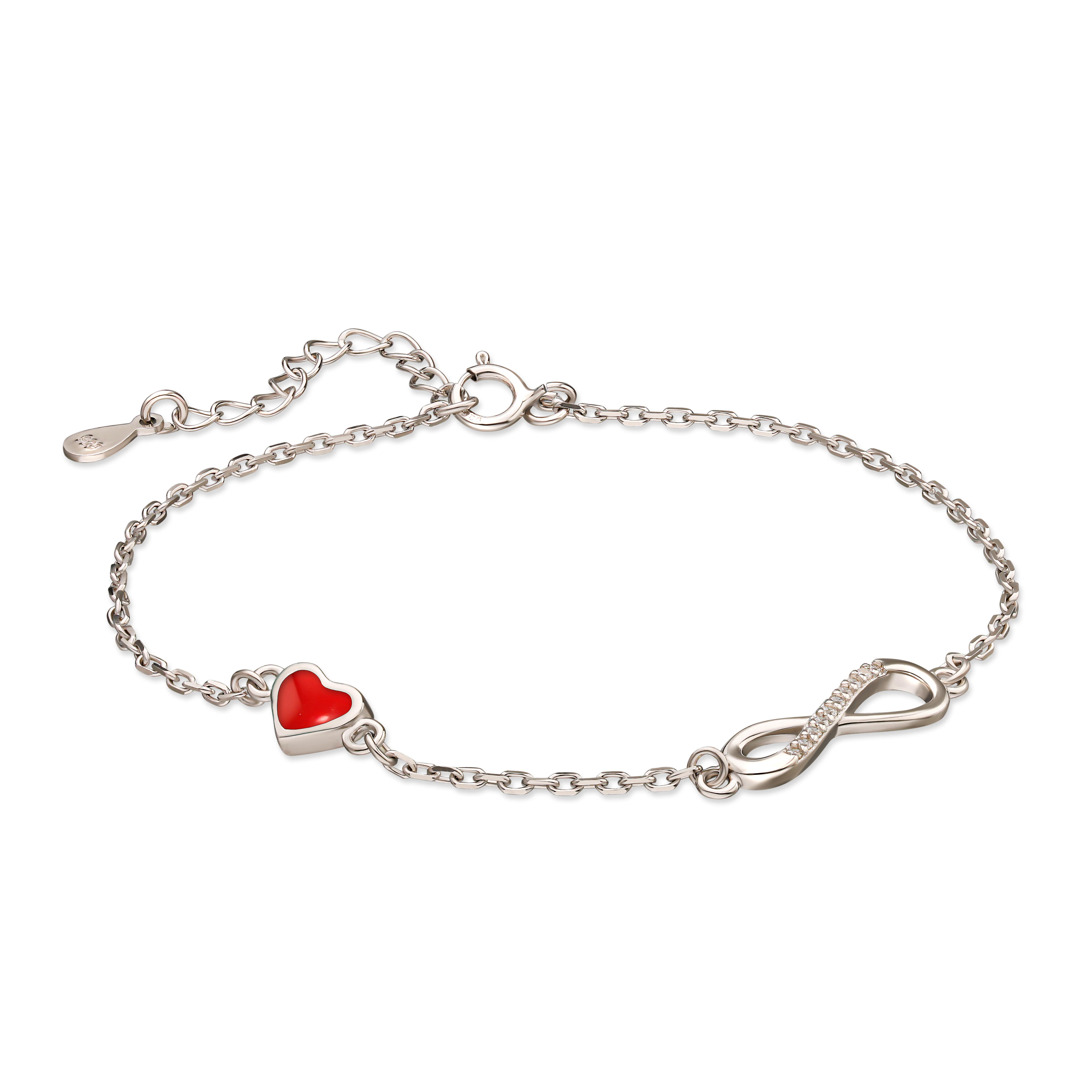 Bransoletka srebrna z sercem i symbolem nieskończoności z cyrkoniami, próba 925