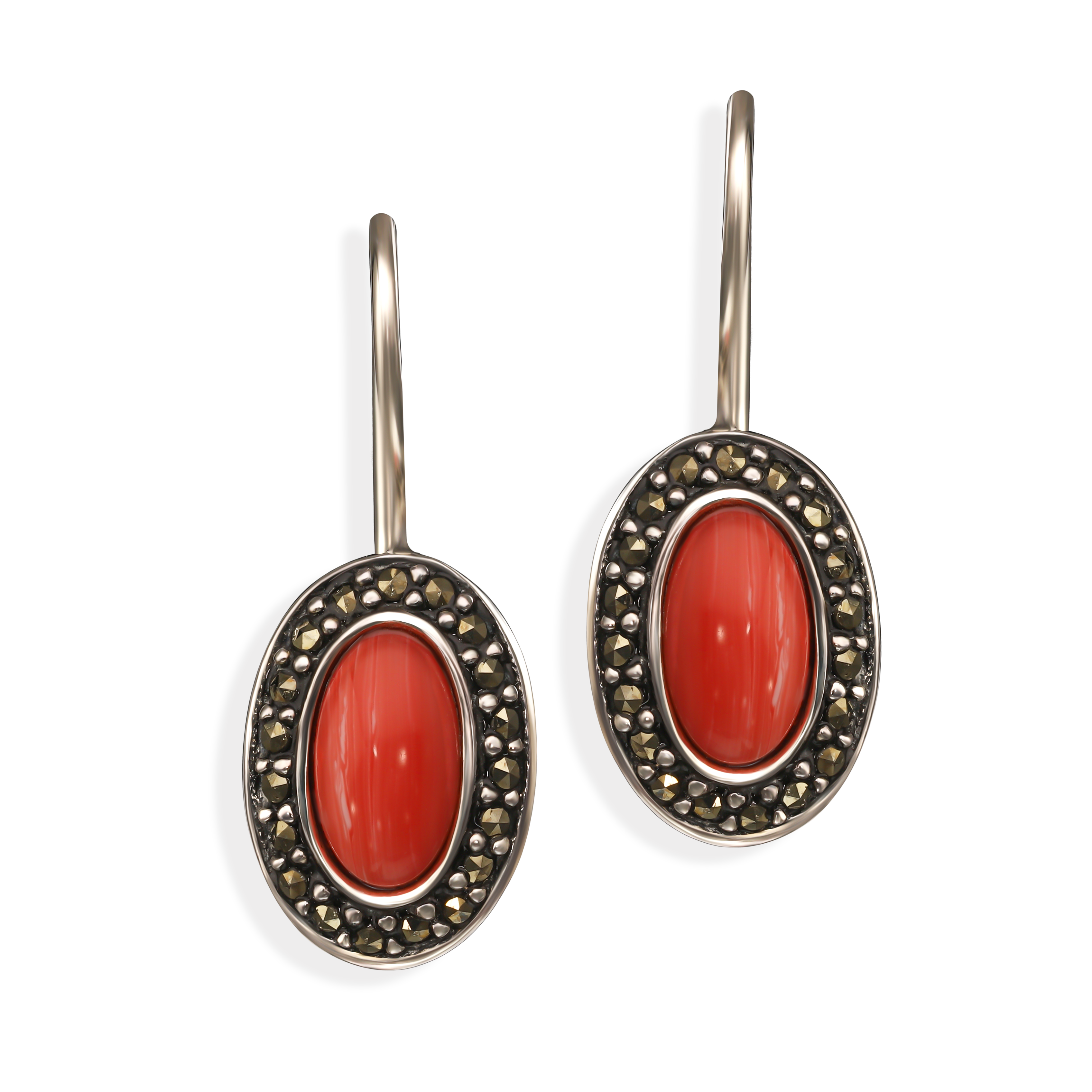 Srebrne vintageowe kolczyki z koralem i markazytami, próba 925