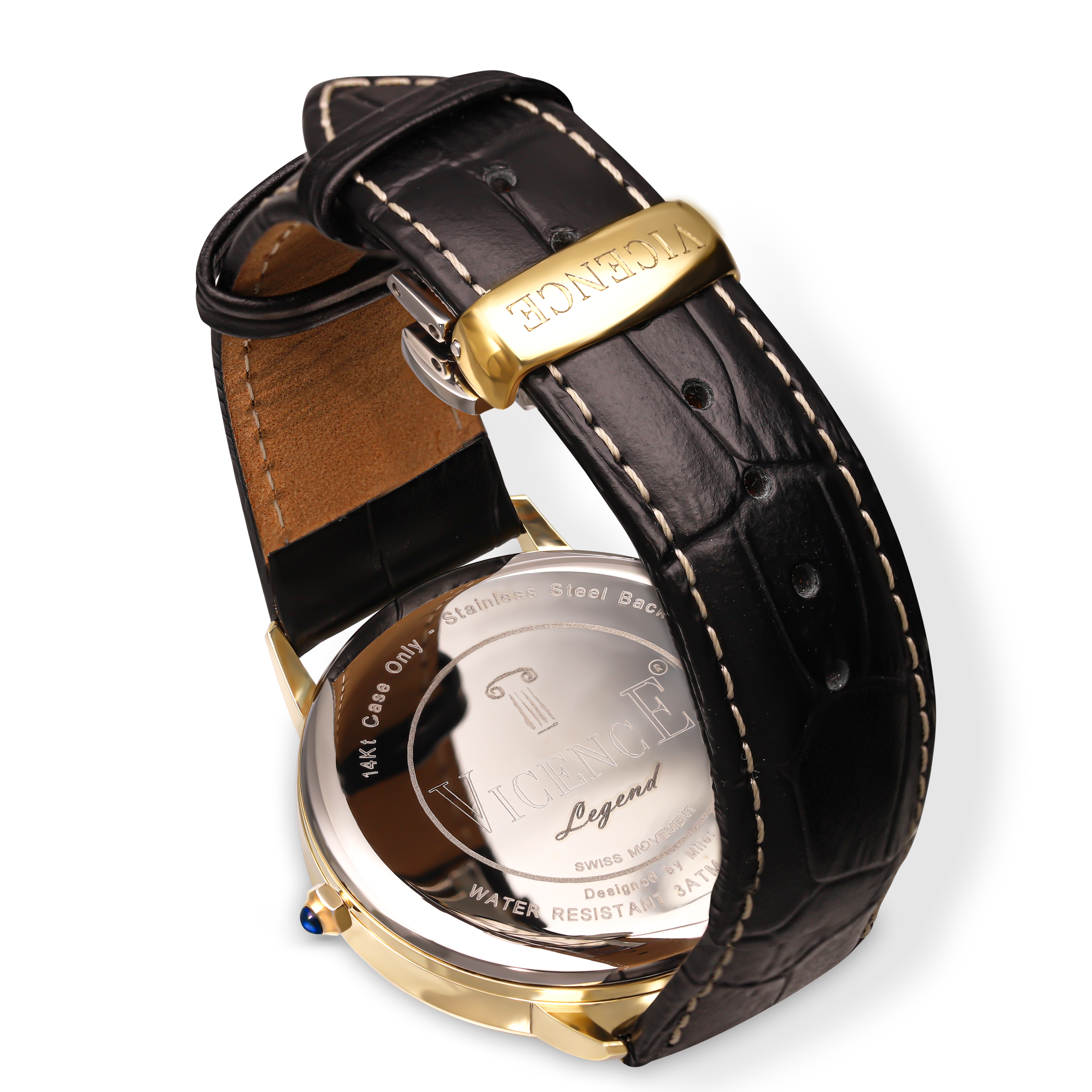 Zegarek złoty męski na skórzanej bransolecie, próba 585