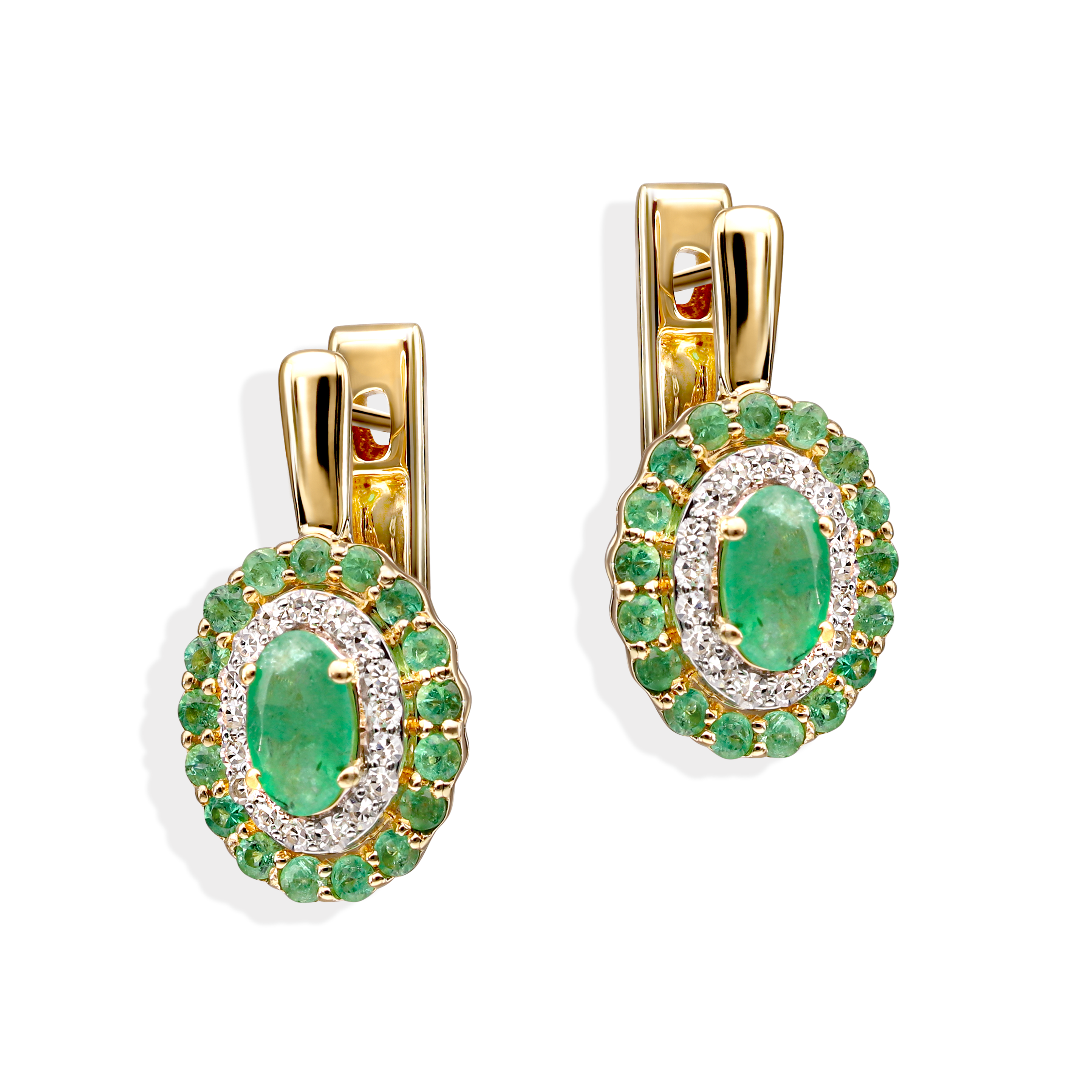 Kolczyki złote ze szmaragdami 0.68 ct i diamentami naturalnymi 0.11 ct, próba 585