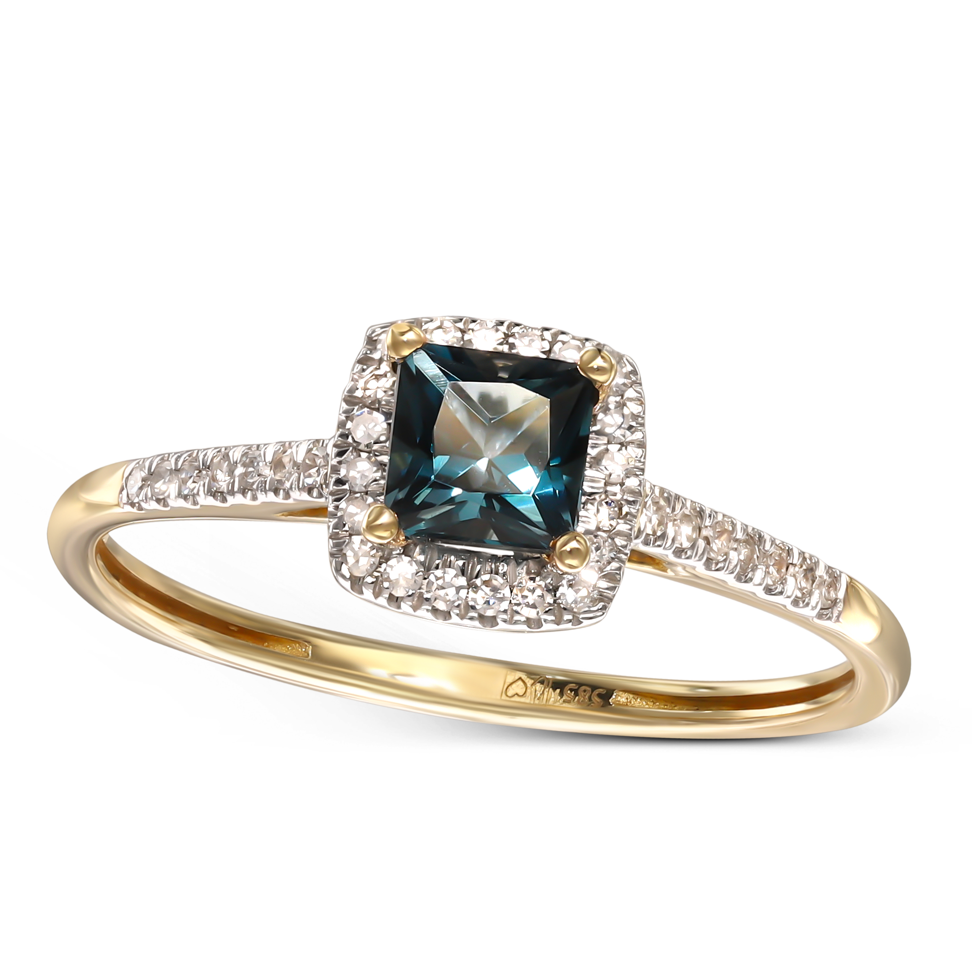 Pierścionek złoty z topazem London Blue 0.44 ct i diamentami naturalnymi, próba 585