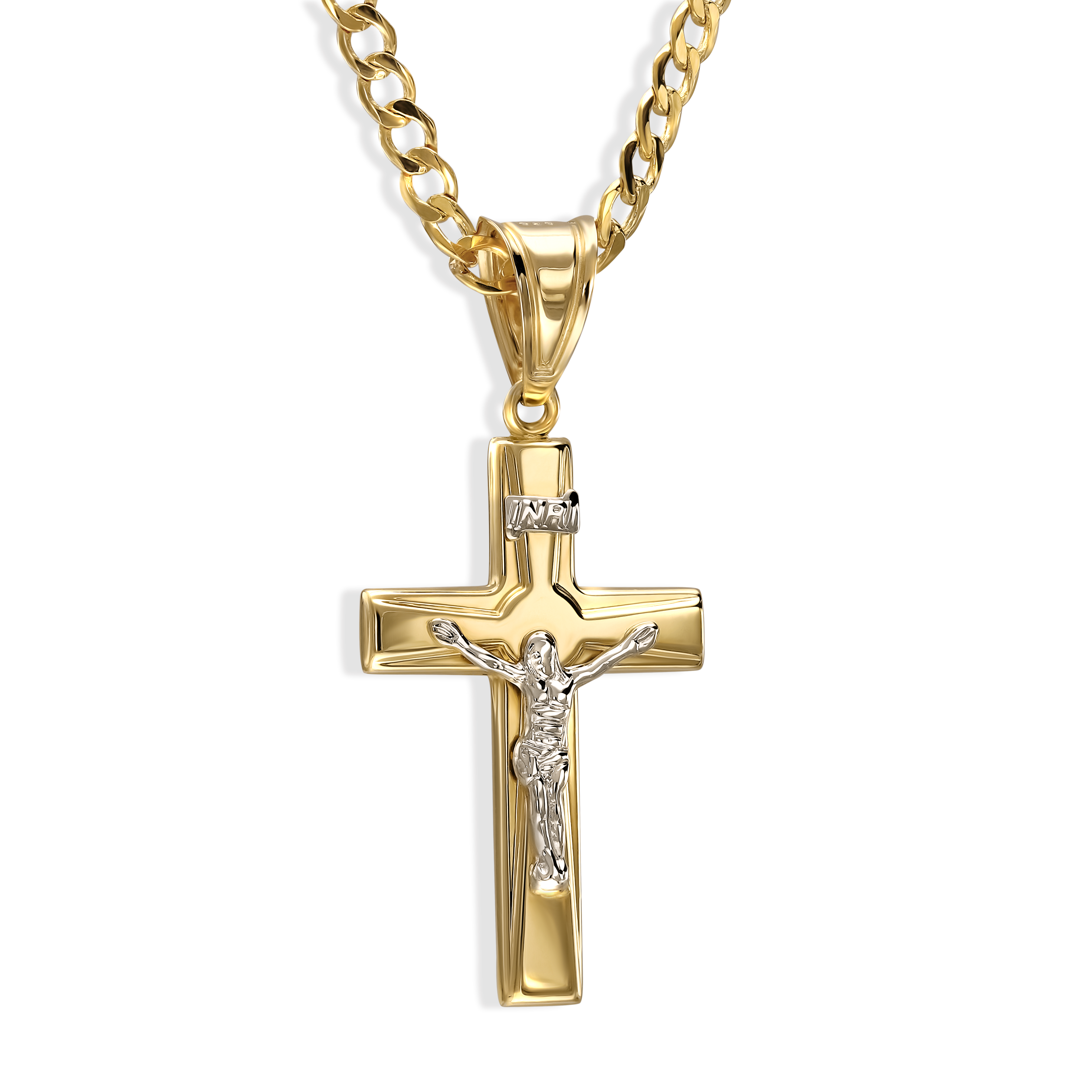 Krzyżyk z postacią Jezusa i titulusem z białego złota, próba 585