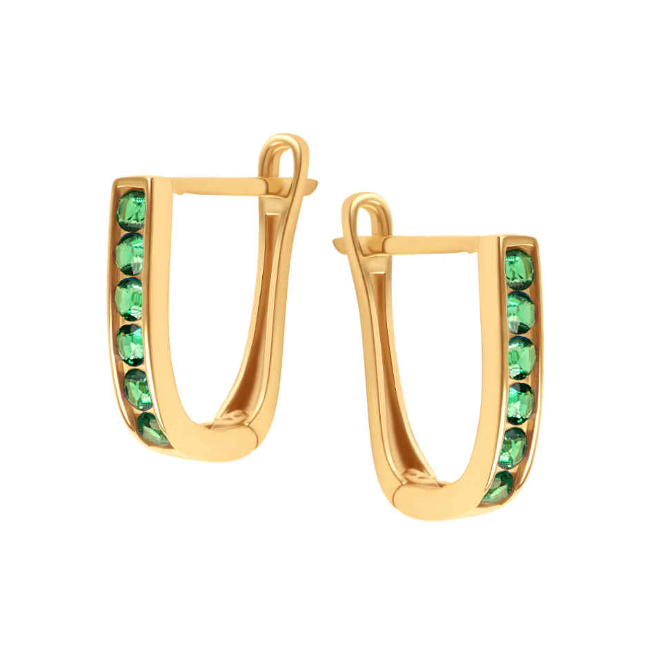 Kolczyki srebrne pozłacane z zielonymi cyrkoniami, próba 925