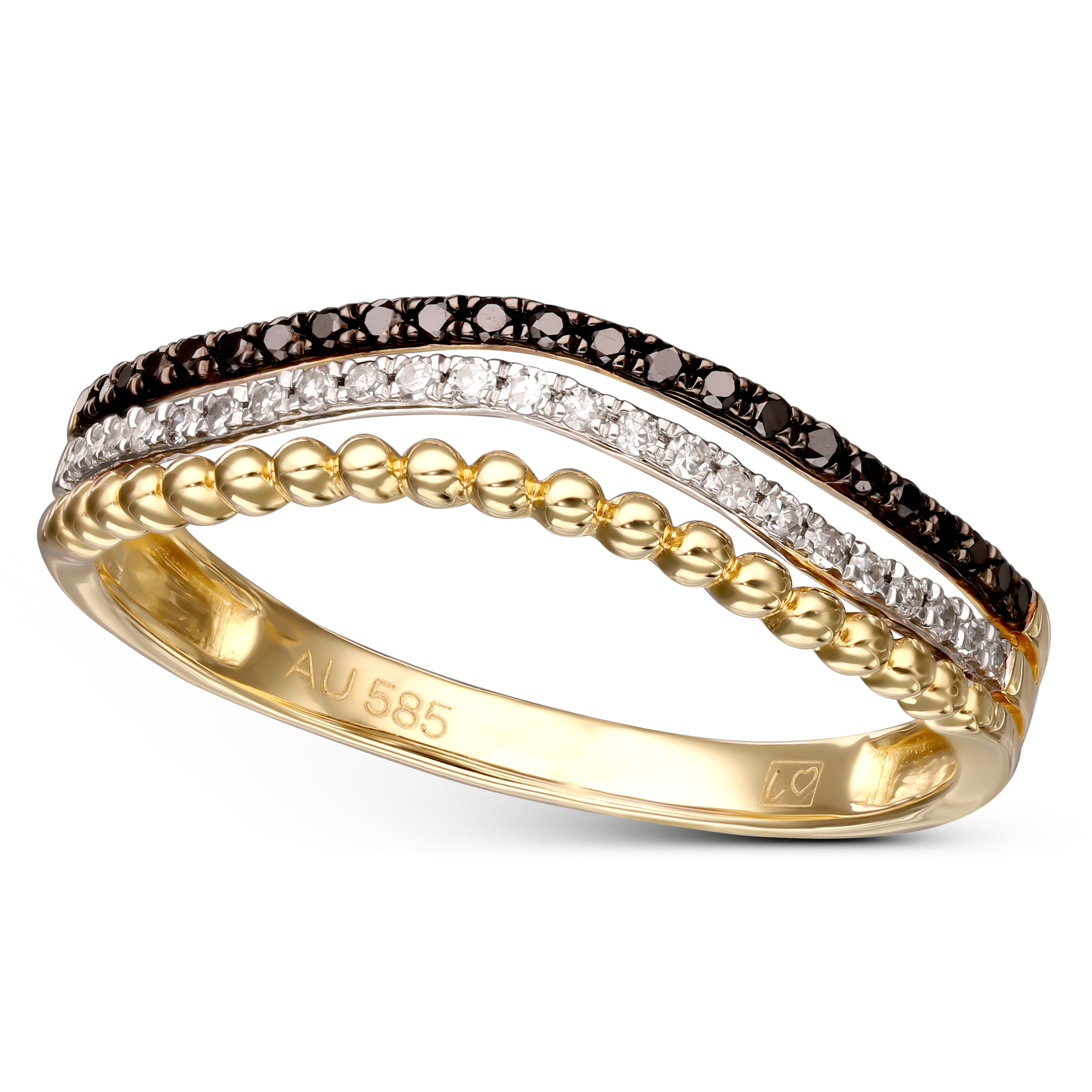 Pierścionek złoty obrączkowy z dwukolorowymi diamentami naturalnymi 0.2 ct, próba 585