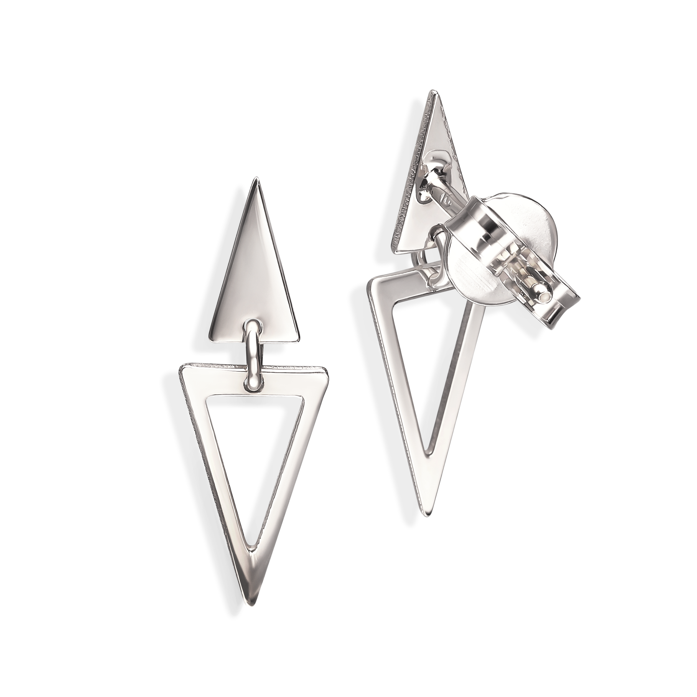 Kolczyki wiszące trójkąty z białego złota na sztyfcie, próba 585
