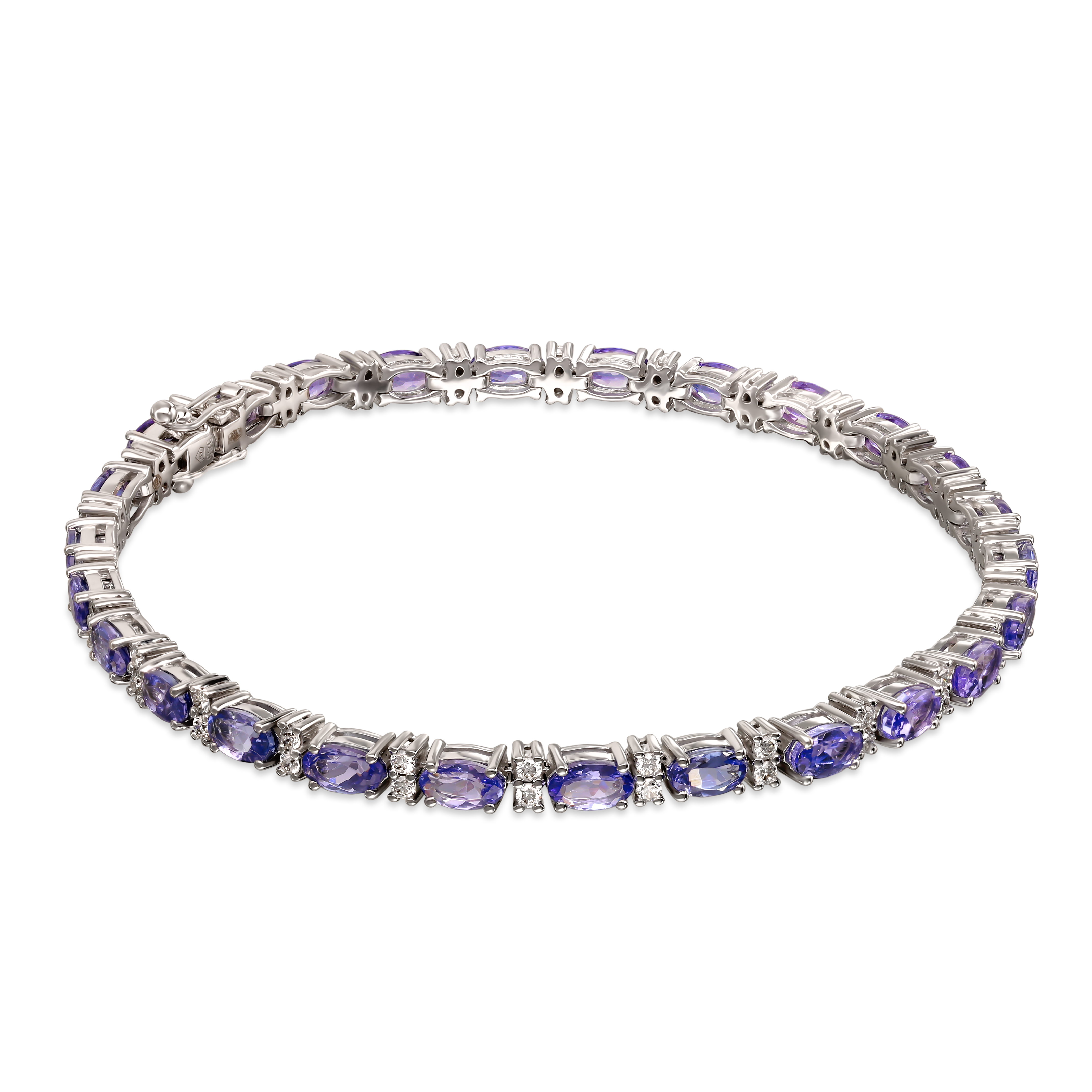 Bransoleta z białego złota z owalnymi tanzanitami i diamentami naturalnymi, próba 585