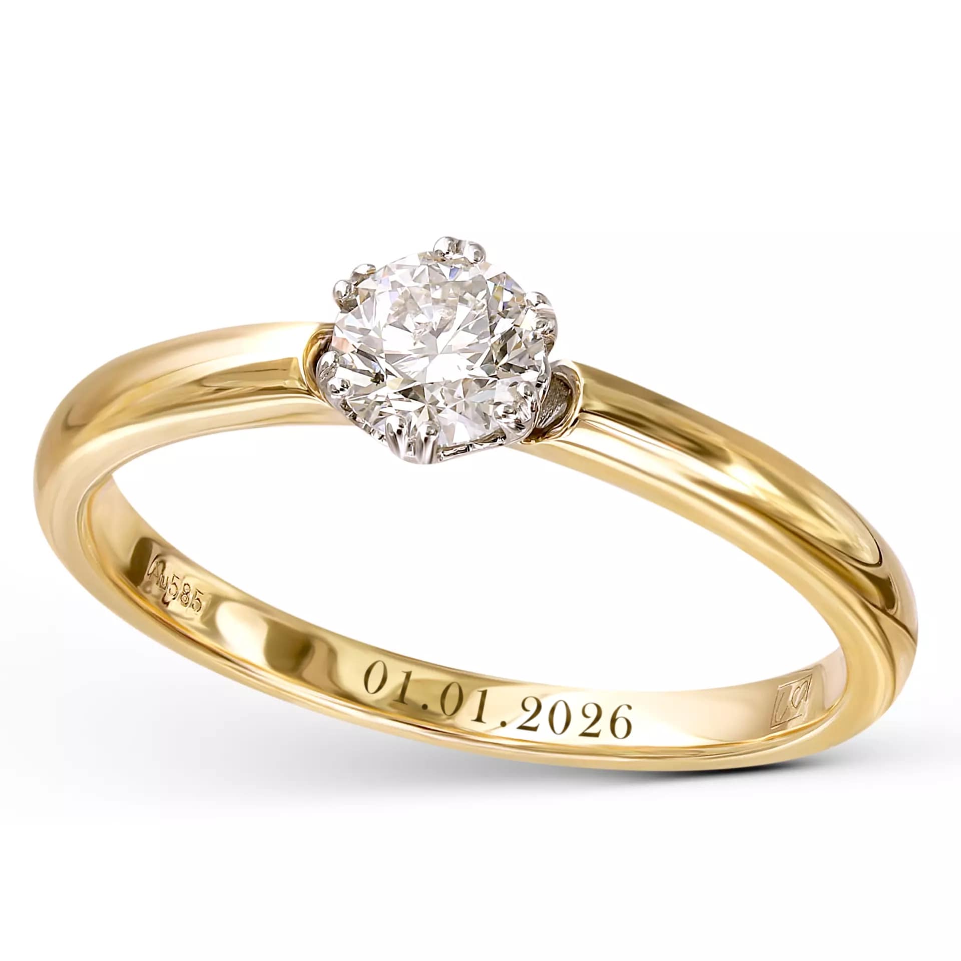 Złoty pierścionek zaręczynowy z diamentem z grawerem z datą na szynie