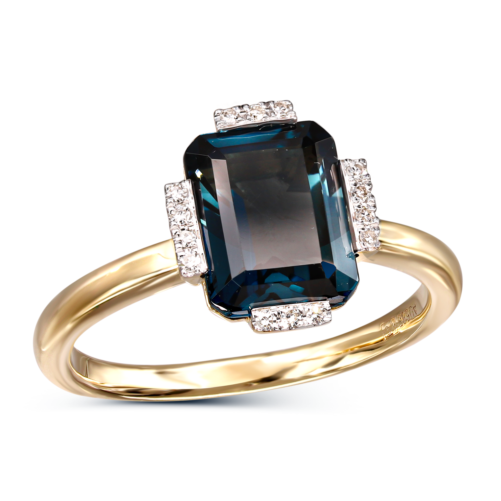 Pierścionek złoty z topazem London Blue 2,84 ct i diamentami naturalnymi, próba 585
