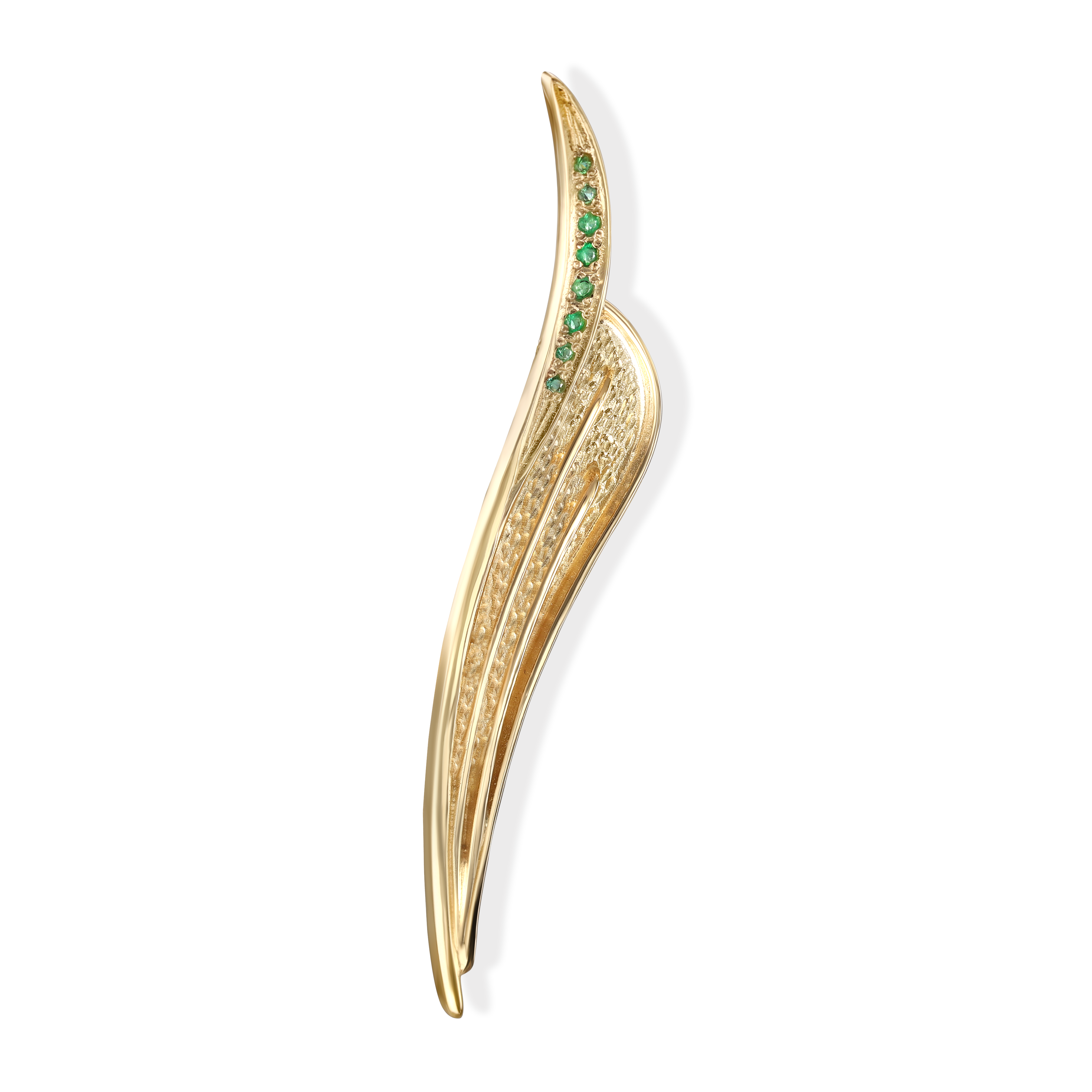 Złota broszka ze szmaragdami 0.12 ct, próba 585