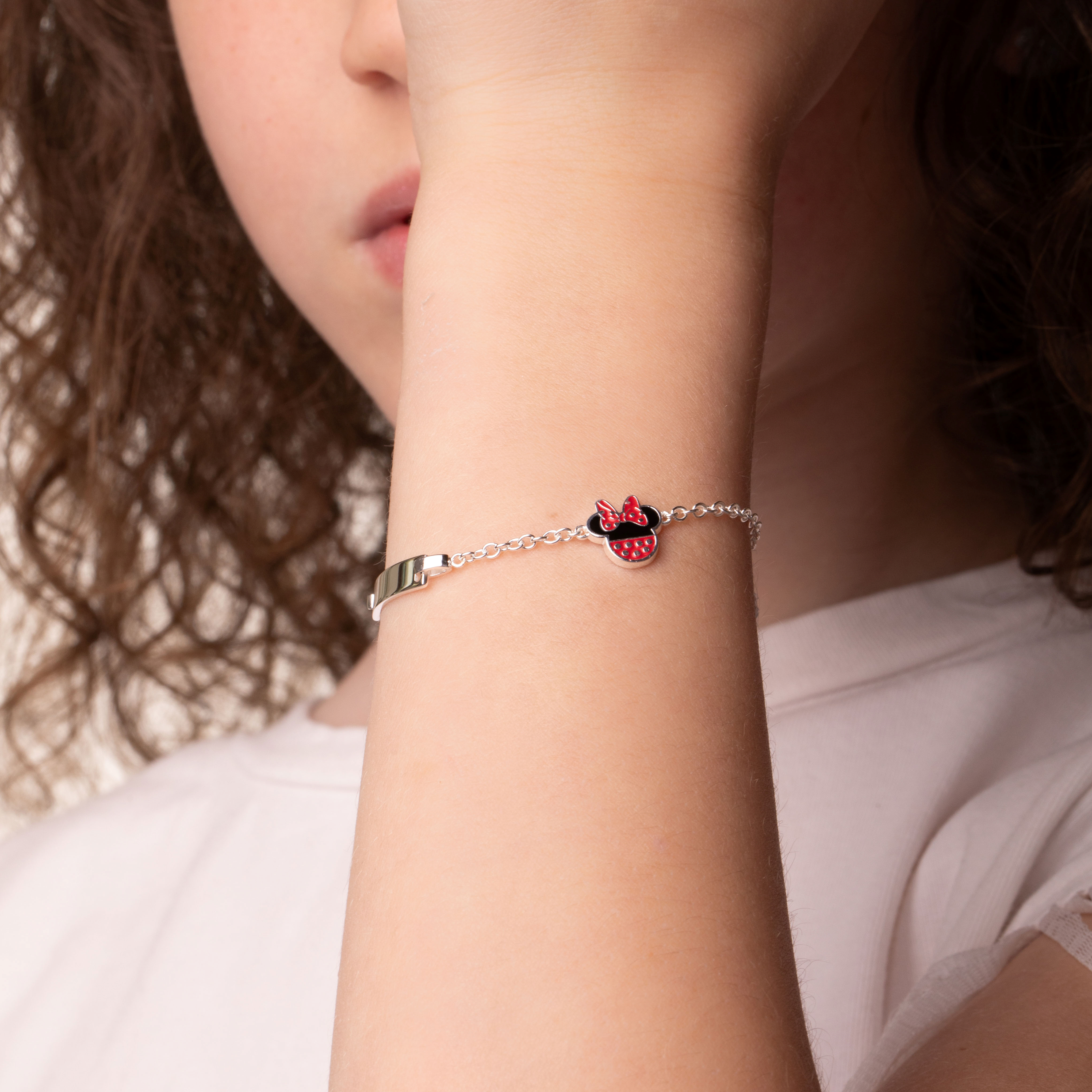 Srebrna bransoletka Myszka Minnie z blaszką do grawerowania, próba 925