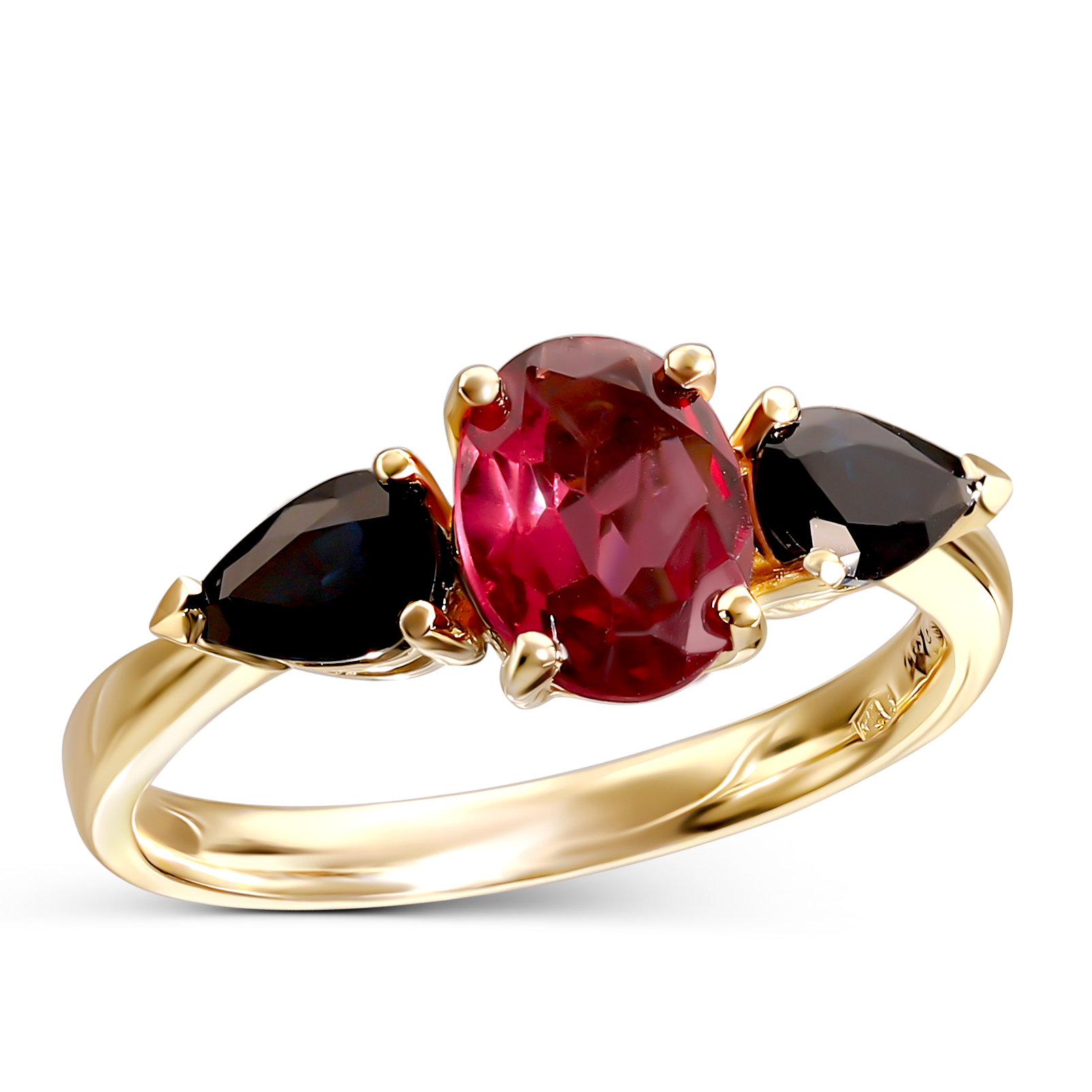 Pierścionek złoty z rodolitem 1.43 ct i szafirami 0.98 ct, próba 585