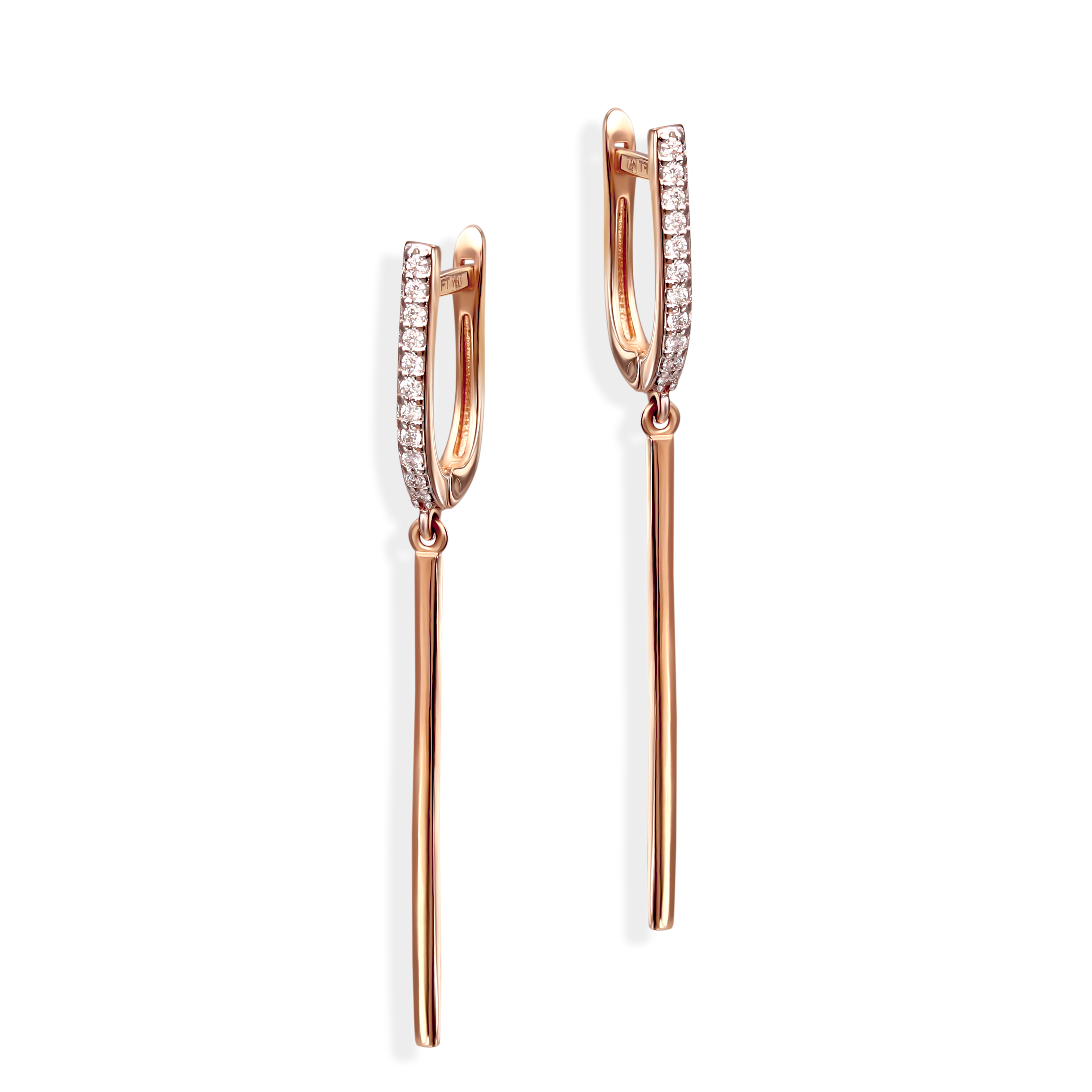 Kolczyki patyczki z różowego złota z diamentami naturalnymi 0.13 ct, próba 585