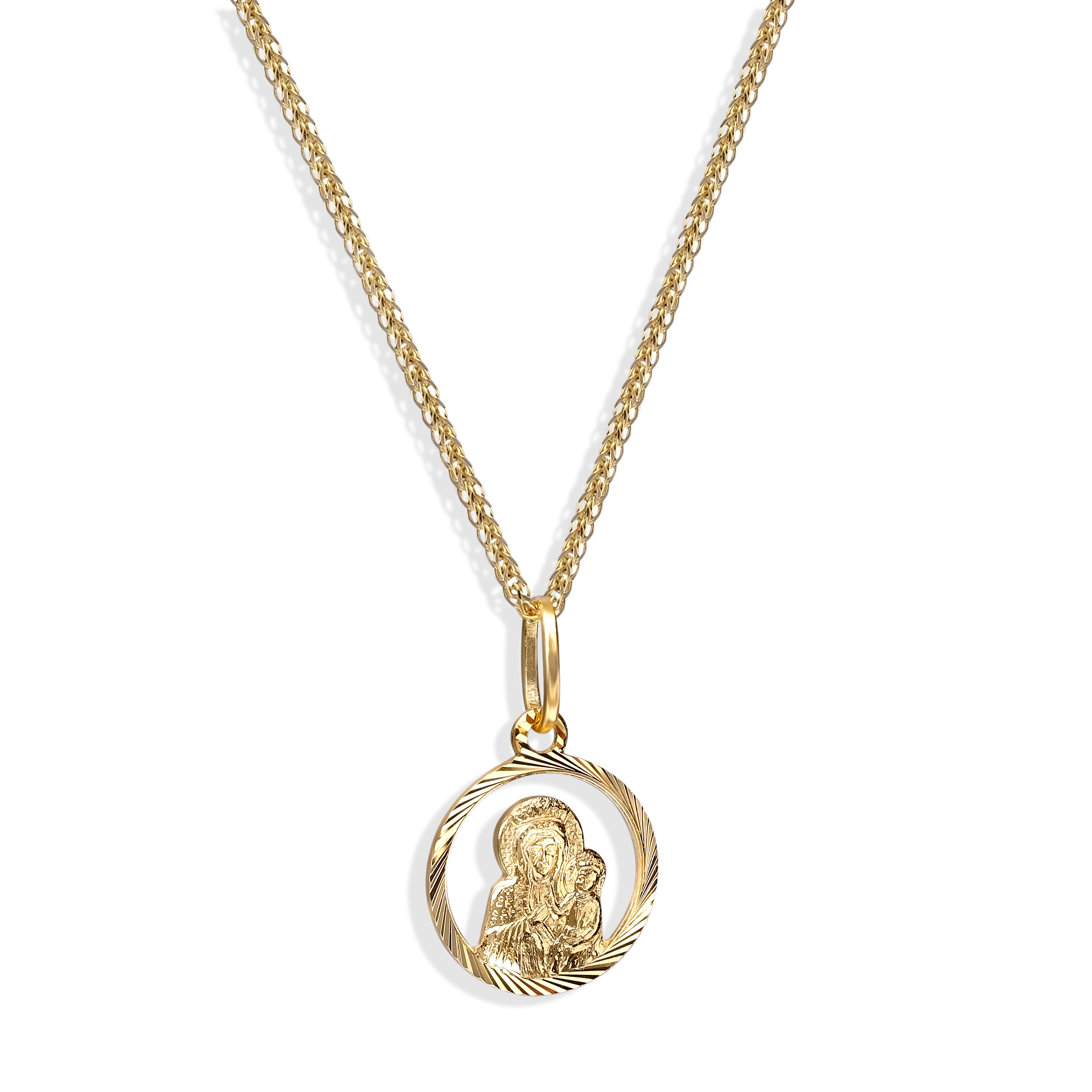 Złoty medalik diamentowany z wizerunkiem Matki Boskiej Częstochowskiej, próba 585