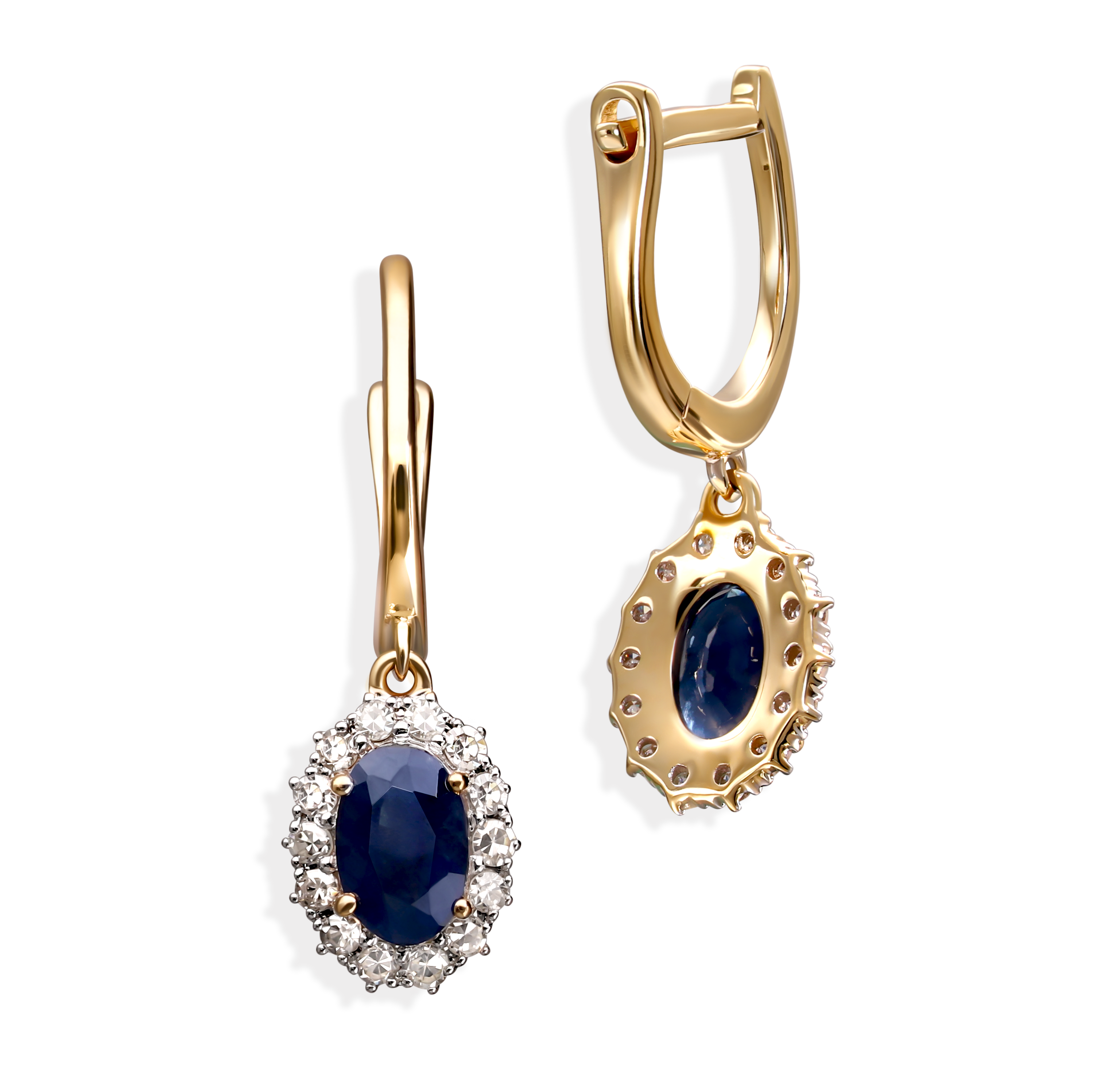 Kolczyki złote z szafirami 1.25 ct i diamentami naturalnymi 0.26 ct, próba 585