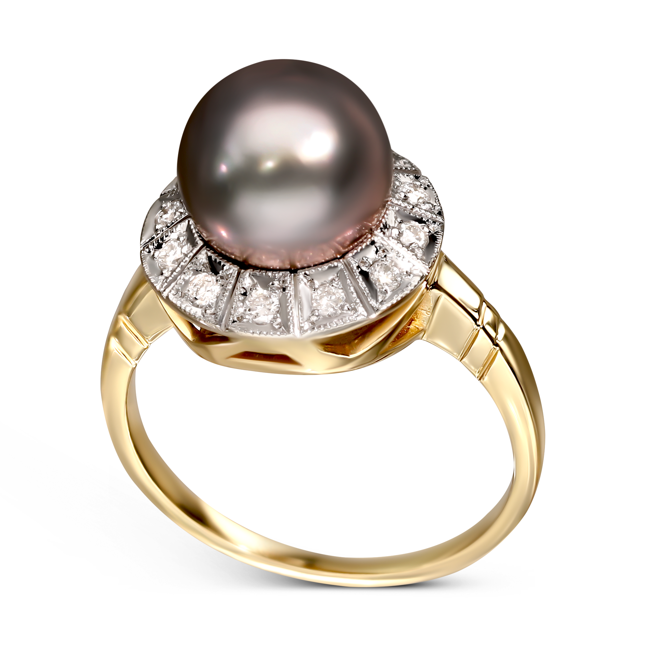 Pierścionek złoty w stylu vintage z perłą Tahiti i diamentami naturalnymi 0.16 ct, rozmiar 13, próba 585