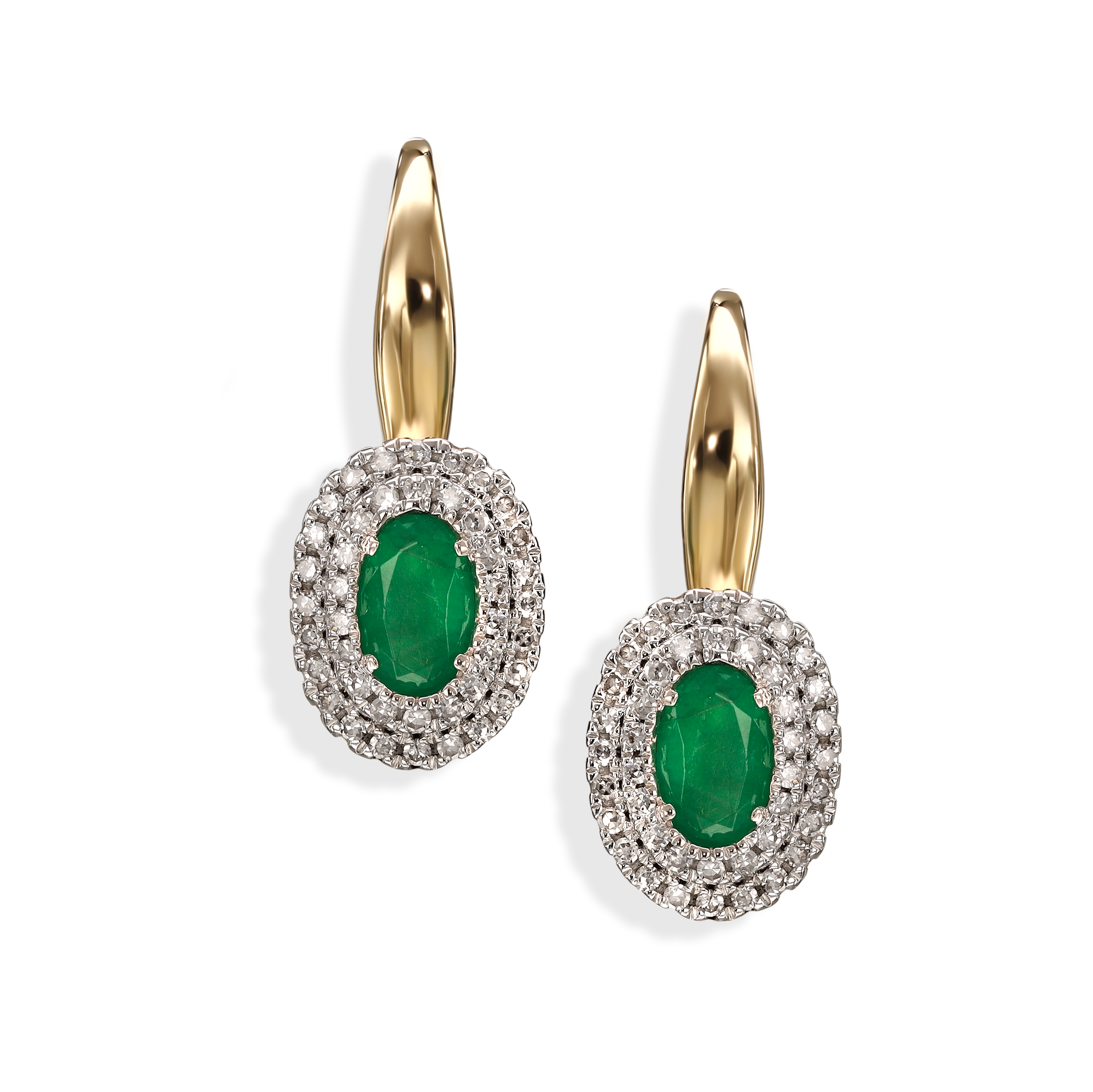 Kolczyki złote na francuskim zapięciu ze szmaragdami i diamentami naturalnymi 0.17 ct, próba 585