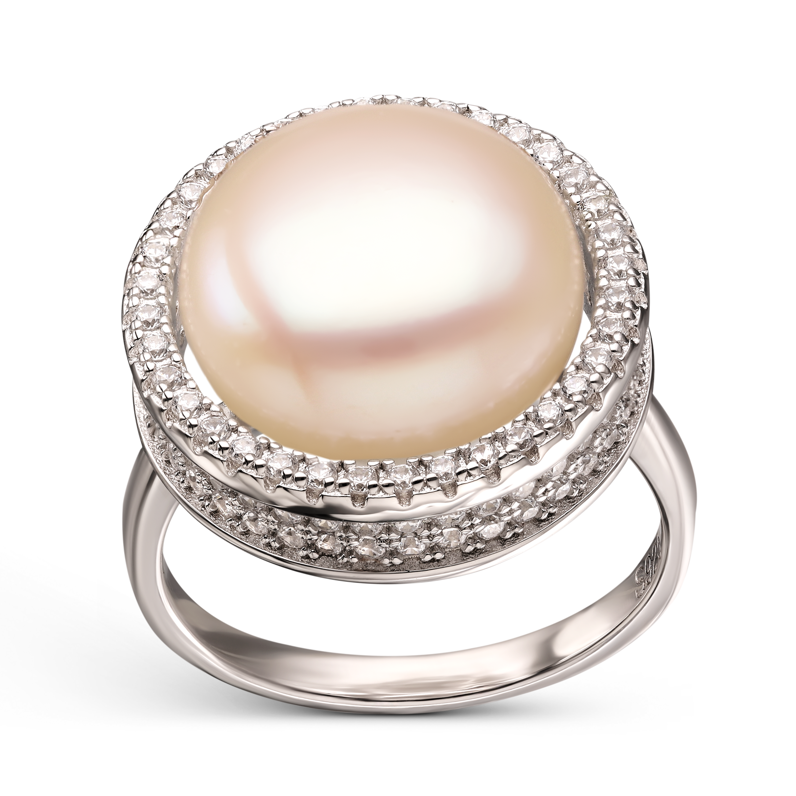 Srebrny pierścionek z perłą hodowaną i cyrkoniami dookoła, rozmiar 13, próba 925