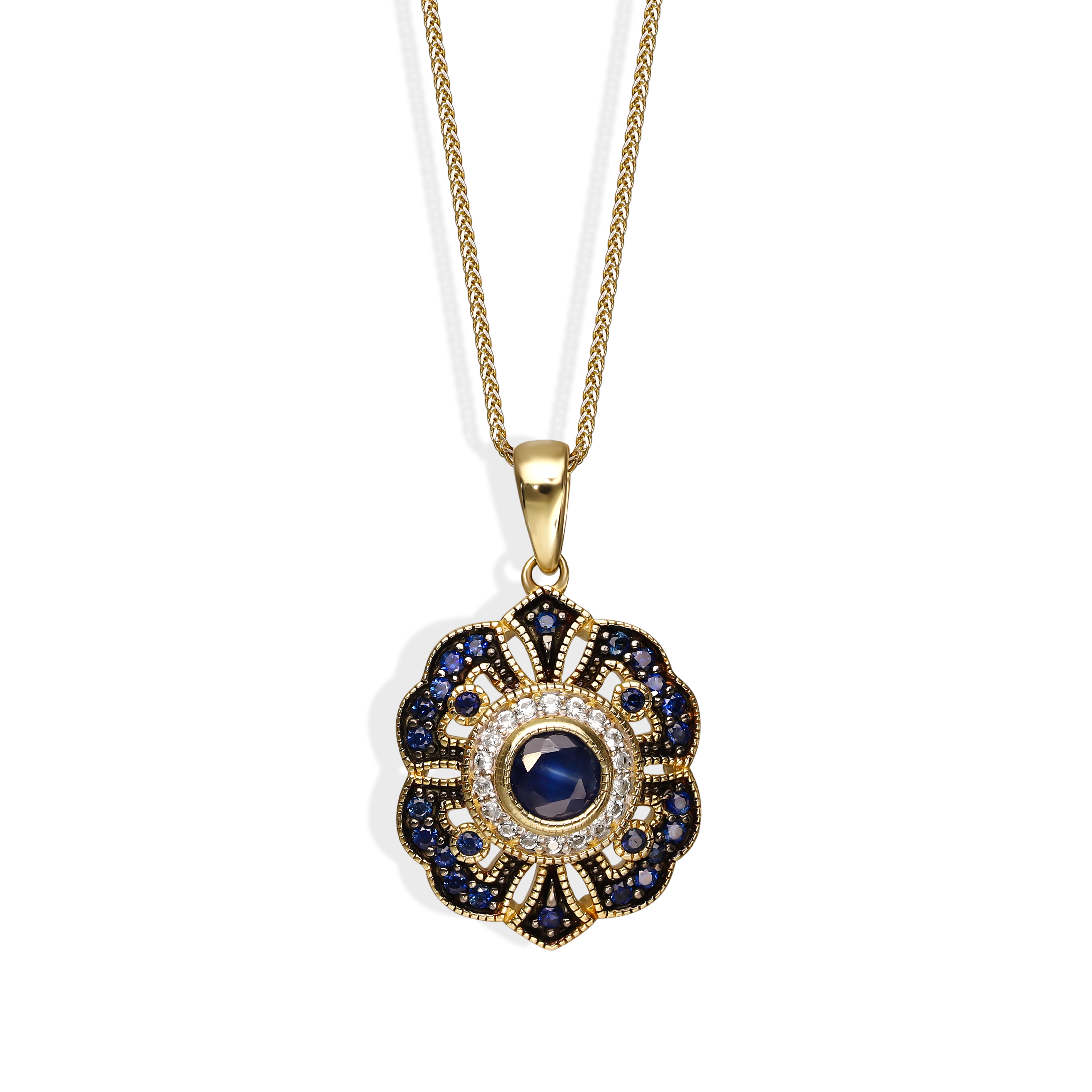 Zawieszka złota vintage z szafirami 0.96 ct i topazami białymi, próba 585