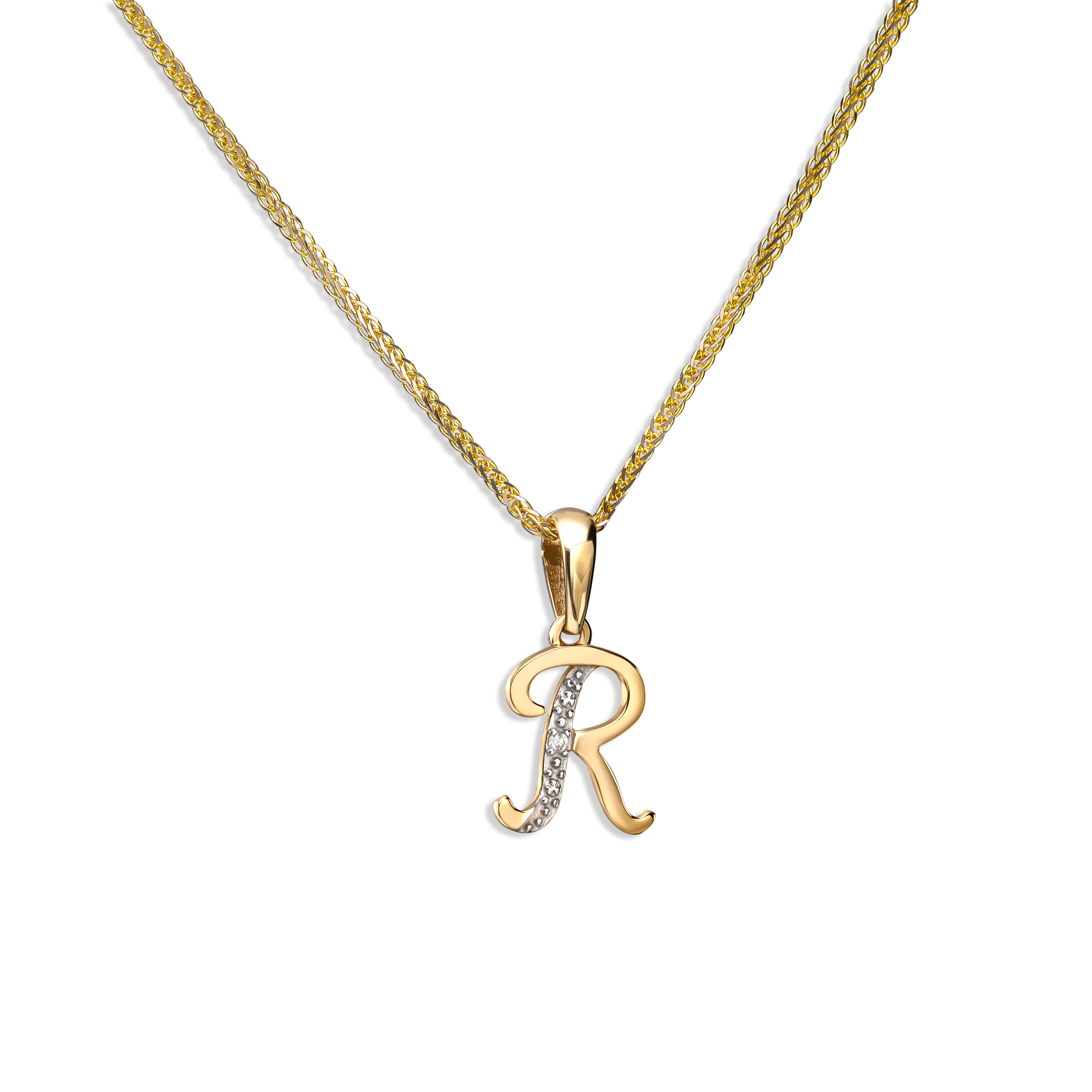 Zawieszka złota z diamentem naturalnym, literka "R", próba 585