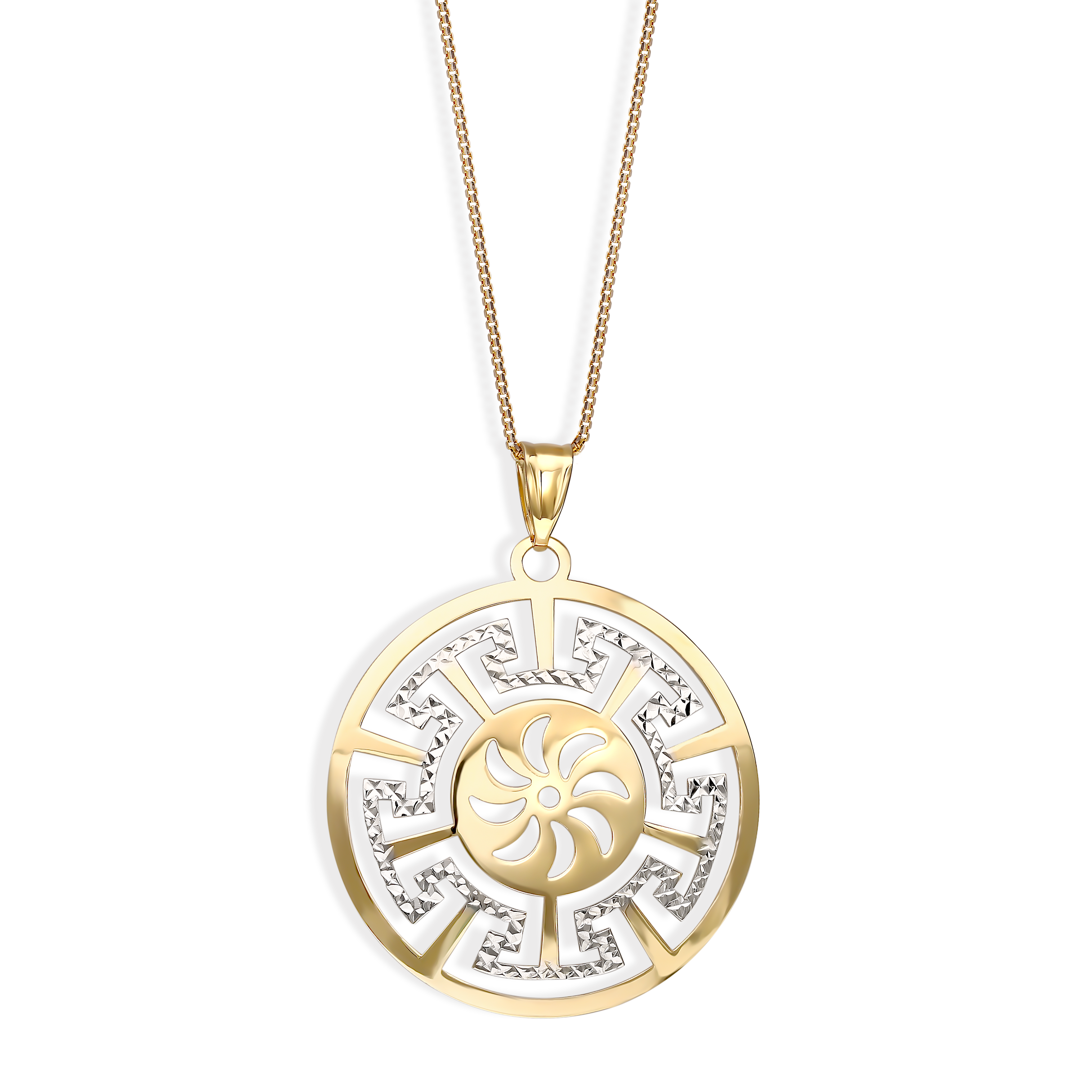 Okrągła złota zawieszka z azurowym greckim wzorem, próba 585