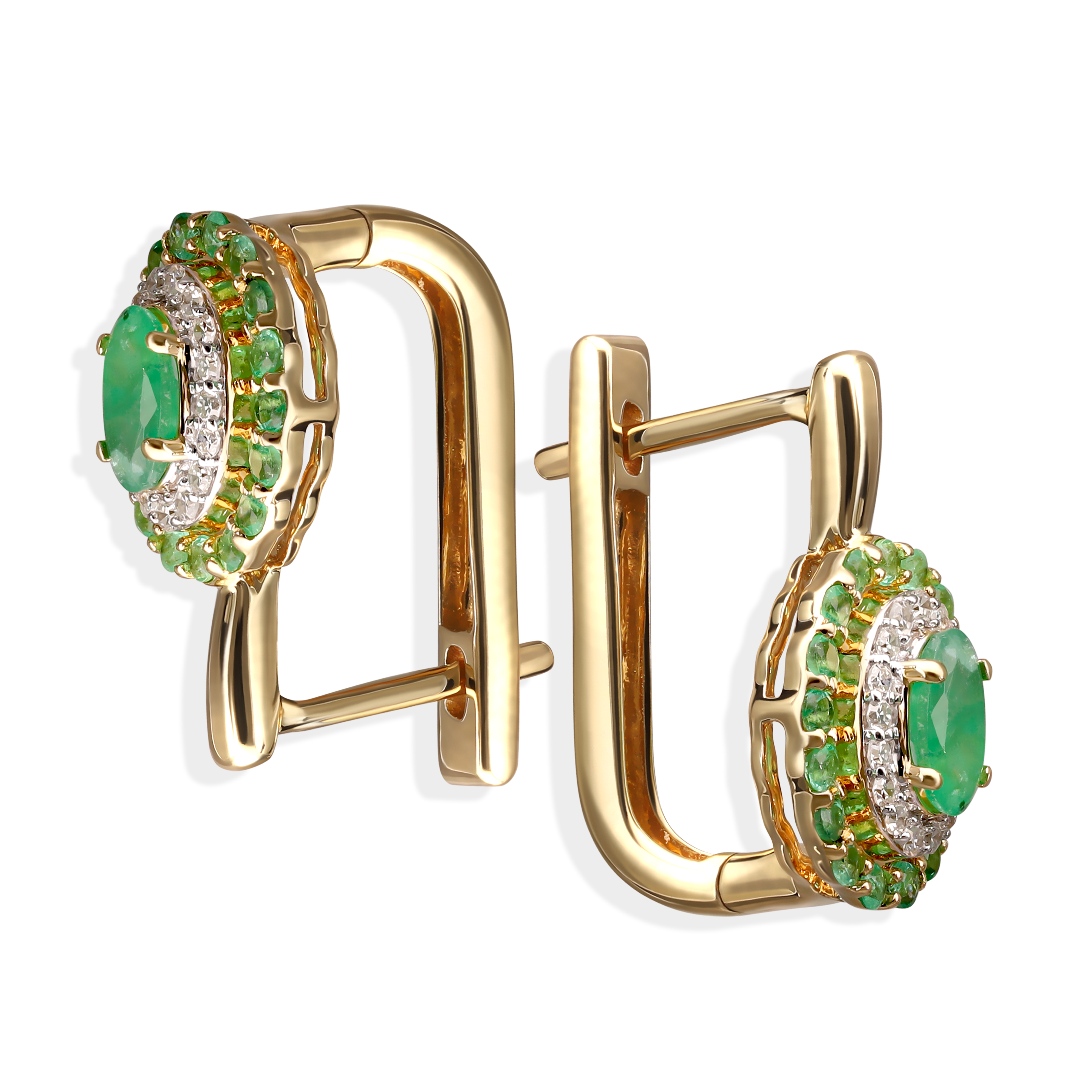 Kolczyki złote ze szmaragdami 0.68 ct i diamentami naturalnymi 0.11 ct, próba 585