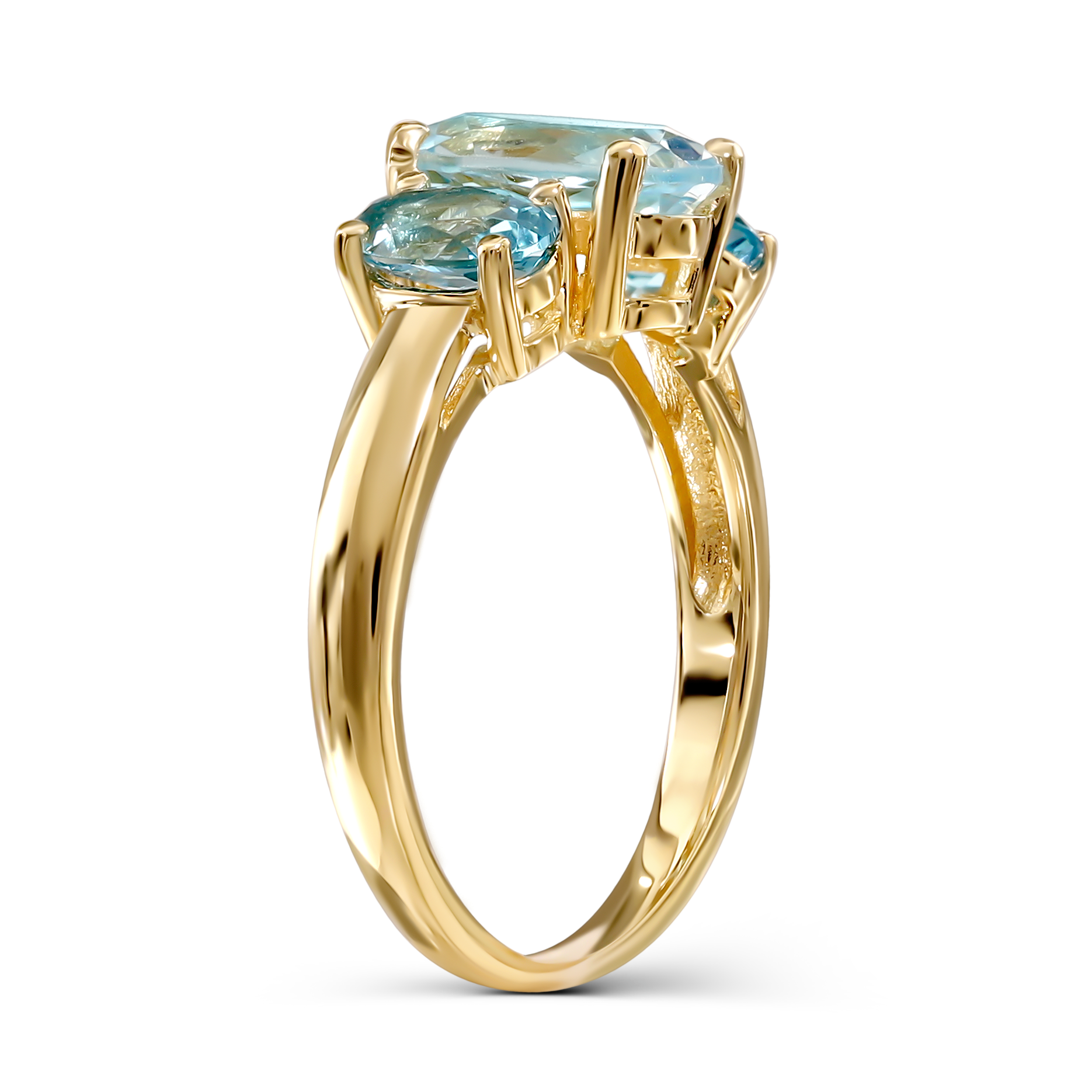 Pierścionek złoty z topazem Sky Blue 2.09 ct i topazami Swiss Blue 1.03 ct, próba 585