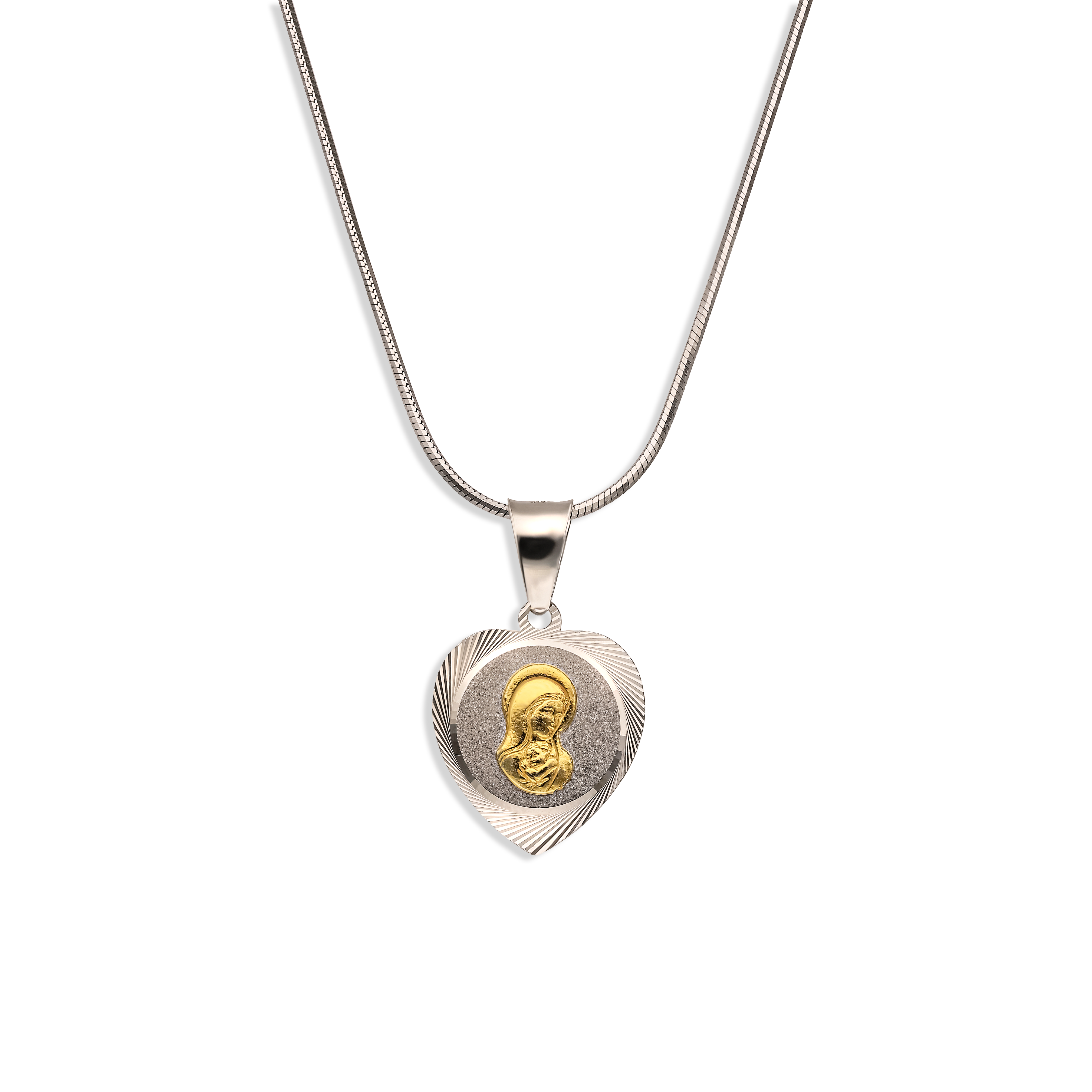 Srebrny medalik w kształcie serca z wizerunkiem Matki Boskiej z Dzieciątkiem w pozłoceniu, próba 925